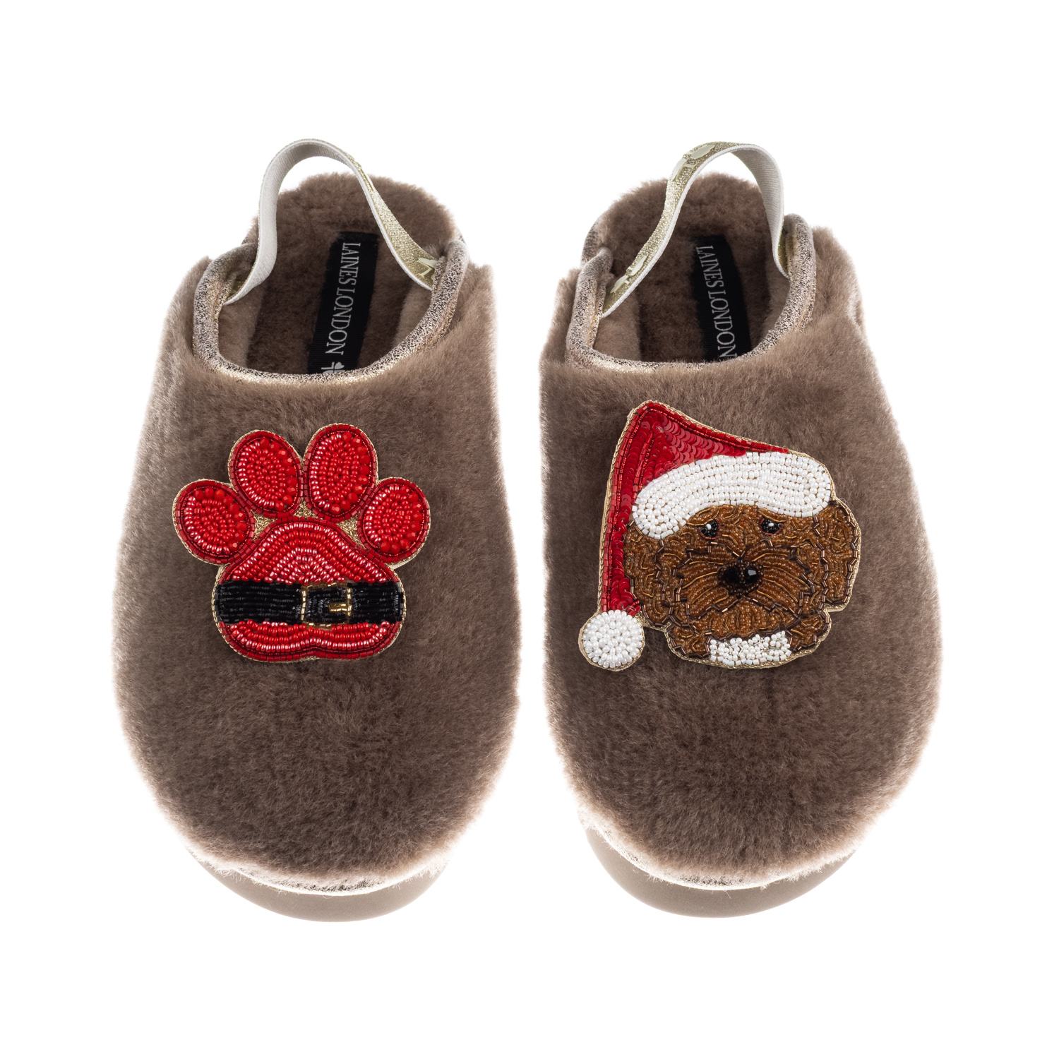 Laines London Women's Brown / Gold / Neutrals Flatform Cloud Slippers With Christmas Brown Cockapoo & Paw Brooches In Brown