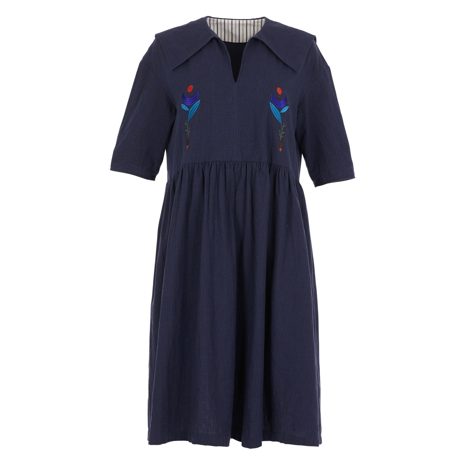 Women’s Blue Embroidered Knee Length Flower Dress Medium Nish Niche