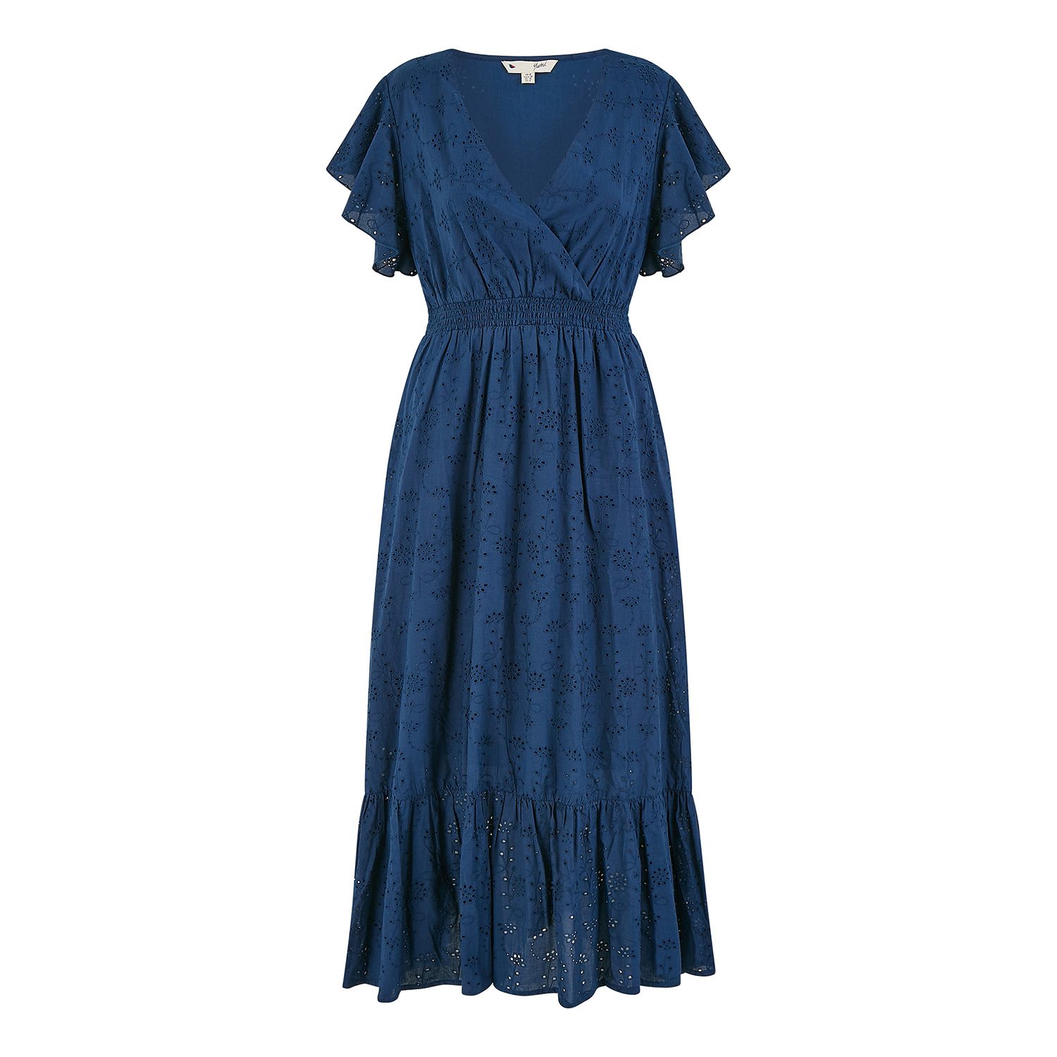 Women's Blue Yumi Navy Cotton Broderie Anglaise Wrap Midi Dress | L
