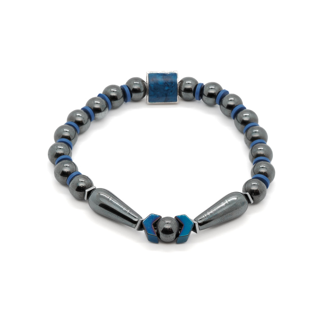 Blue / Silver Unique Hematite Energy Stone Men’s Beaded Bracelet - Blue Ebru Jewelry