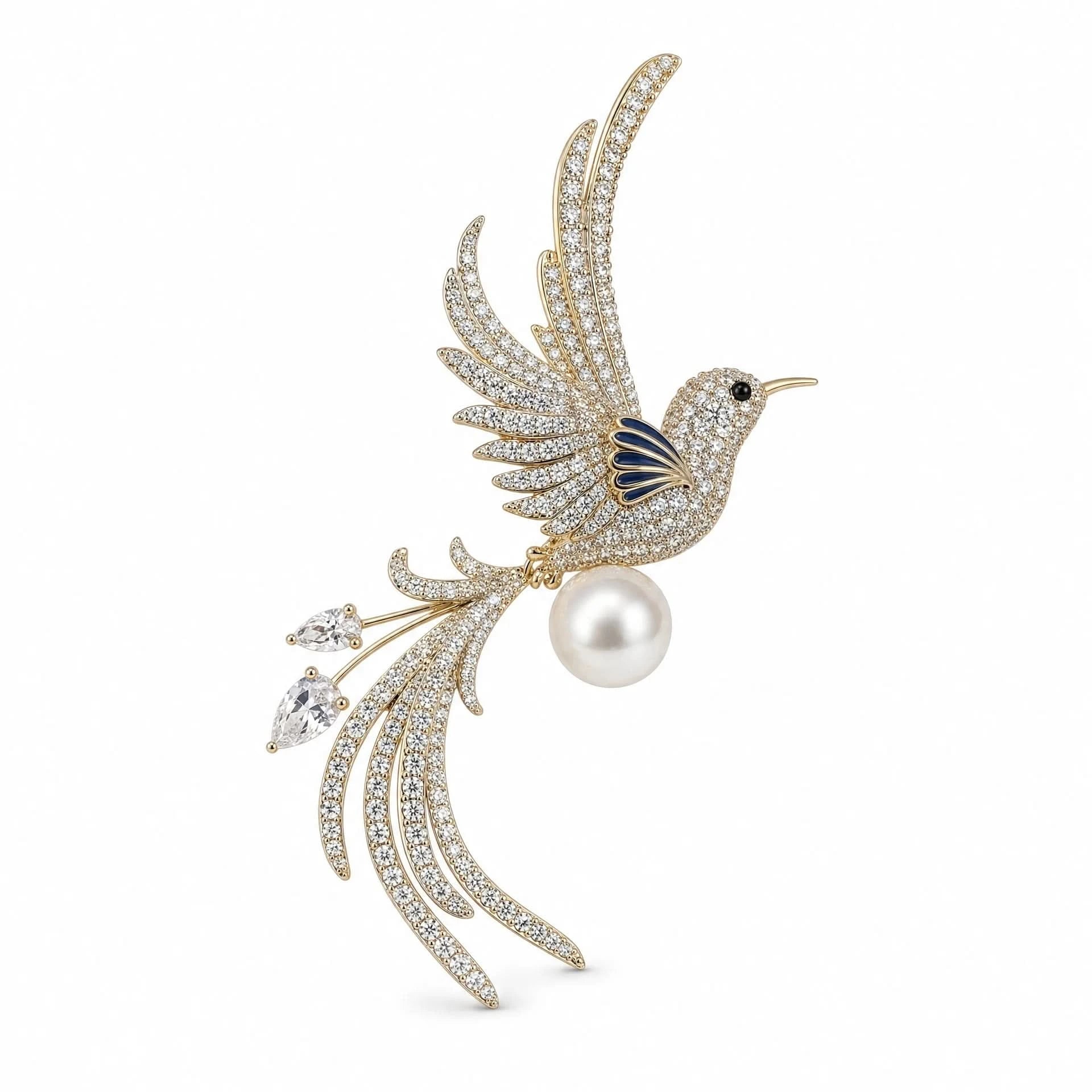 Women's Gold Crystal Bird Brooch With Pearl Accent | Angel Barocco