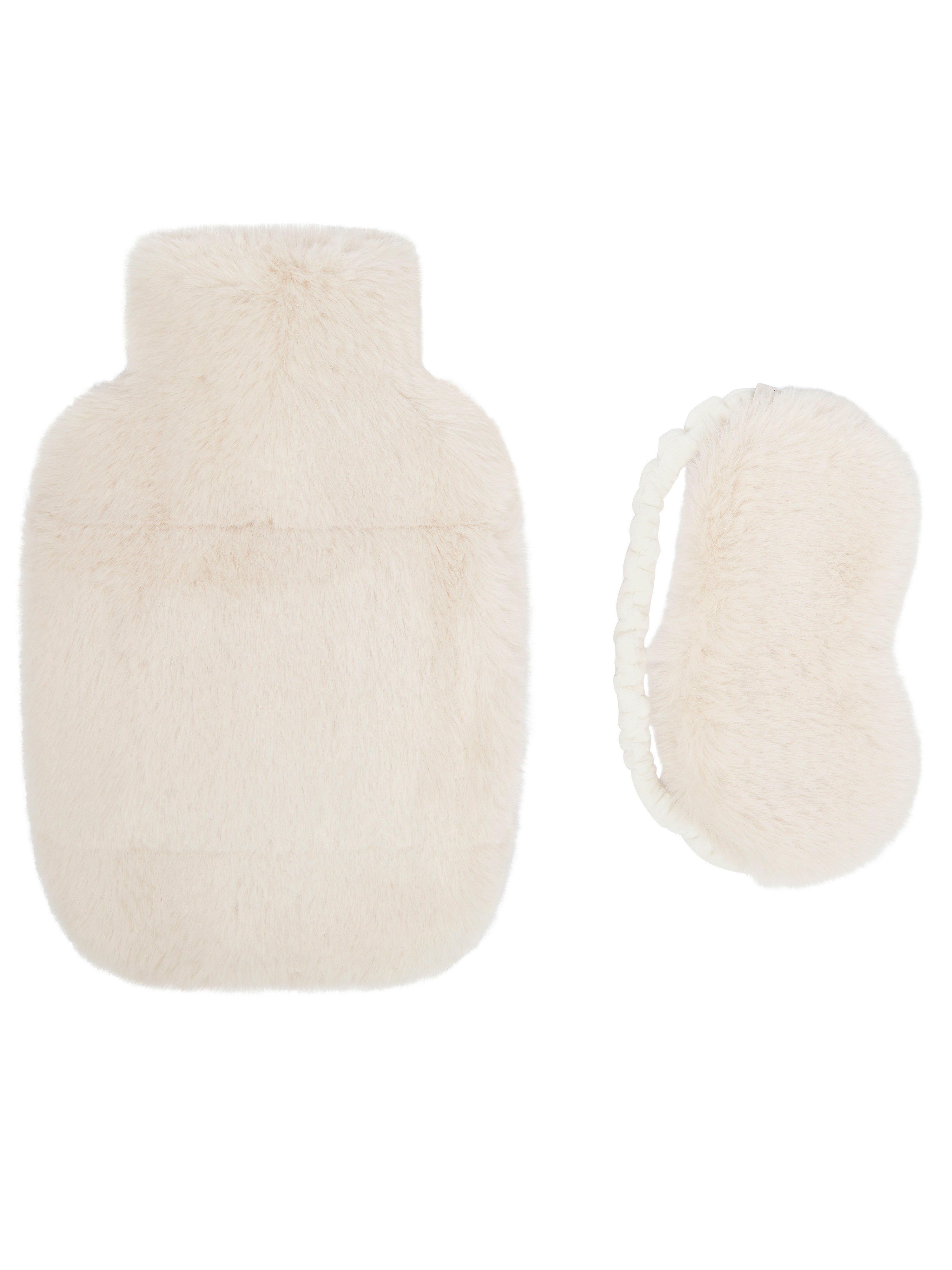 Nooki Design Women's White Faux Fur Hot Water Bottle And Eye Mask Set-buttermilk In White