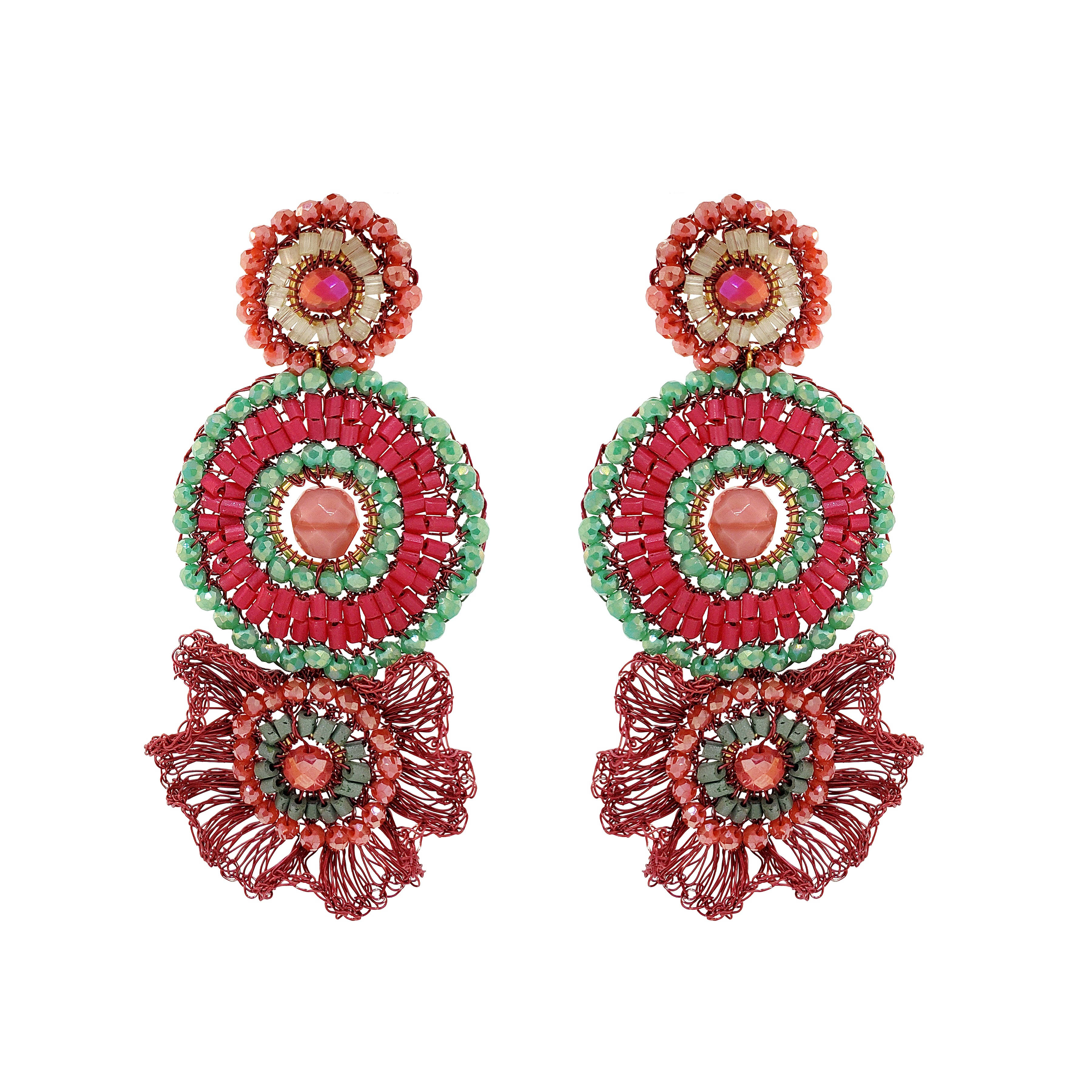 Lavish By Tricia Milaneze Women's Green / Pink / Purple Sunset Coral Mix Lia Cascade Handmade Crochet Earrings