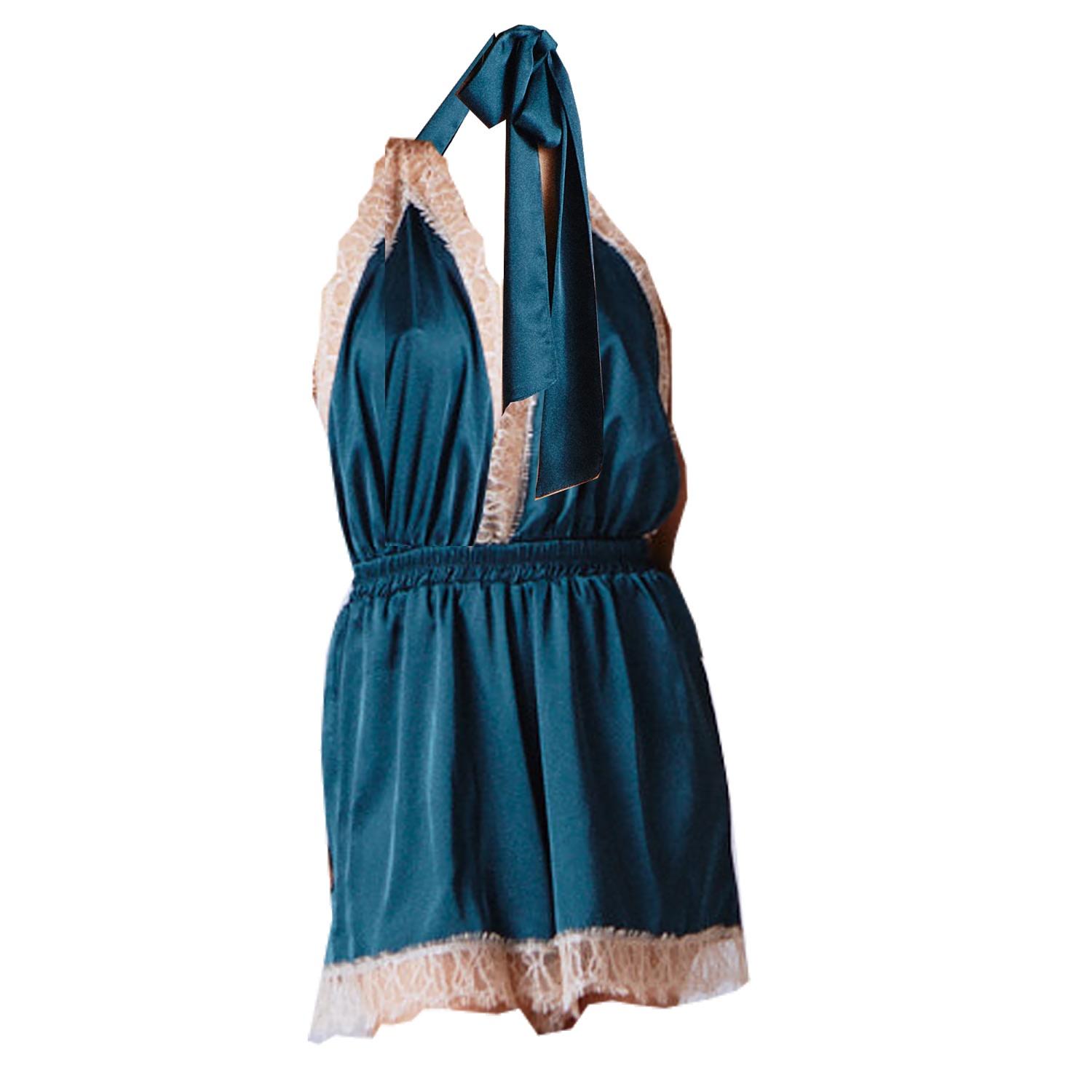 Noblesse Oblige Women's Blue Lace Trimmed Halter Neck Short Romper In Blue
