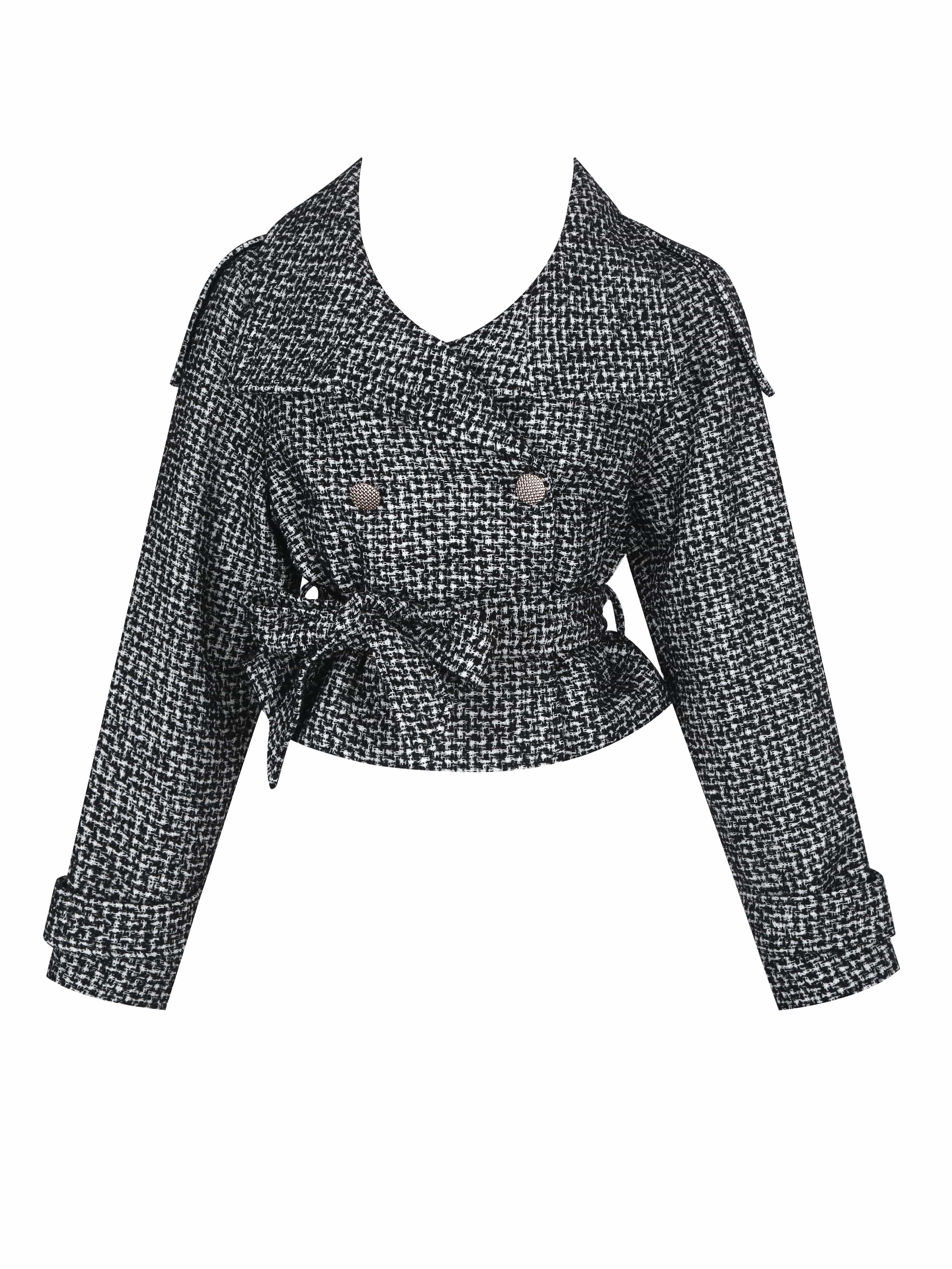 Sadie Black & White Tweed High Collar Belted Mini Jacket | Miss