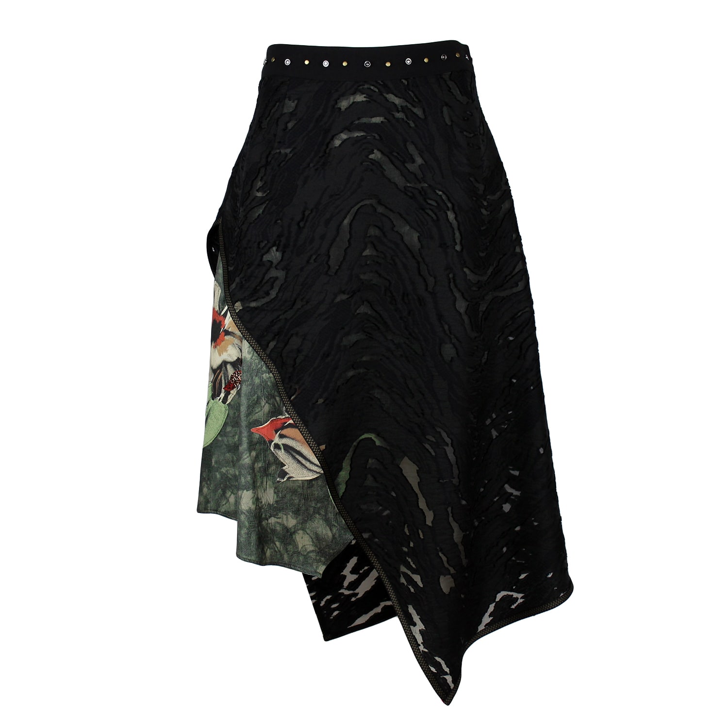 Lalipop Design Women's Black / Green Asymmetric Burnout & Floral Appliqué Midi Skirt In Multi