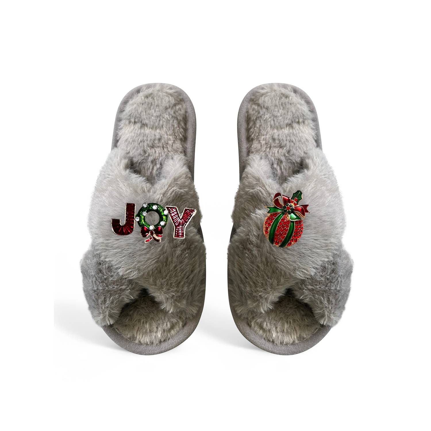 Toma Women's Classic  Faux Fur Open Toe Christmas Joy Grey Slippers In Gray