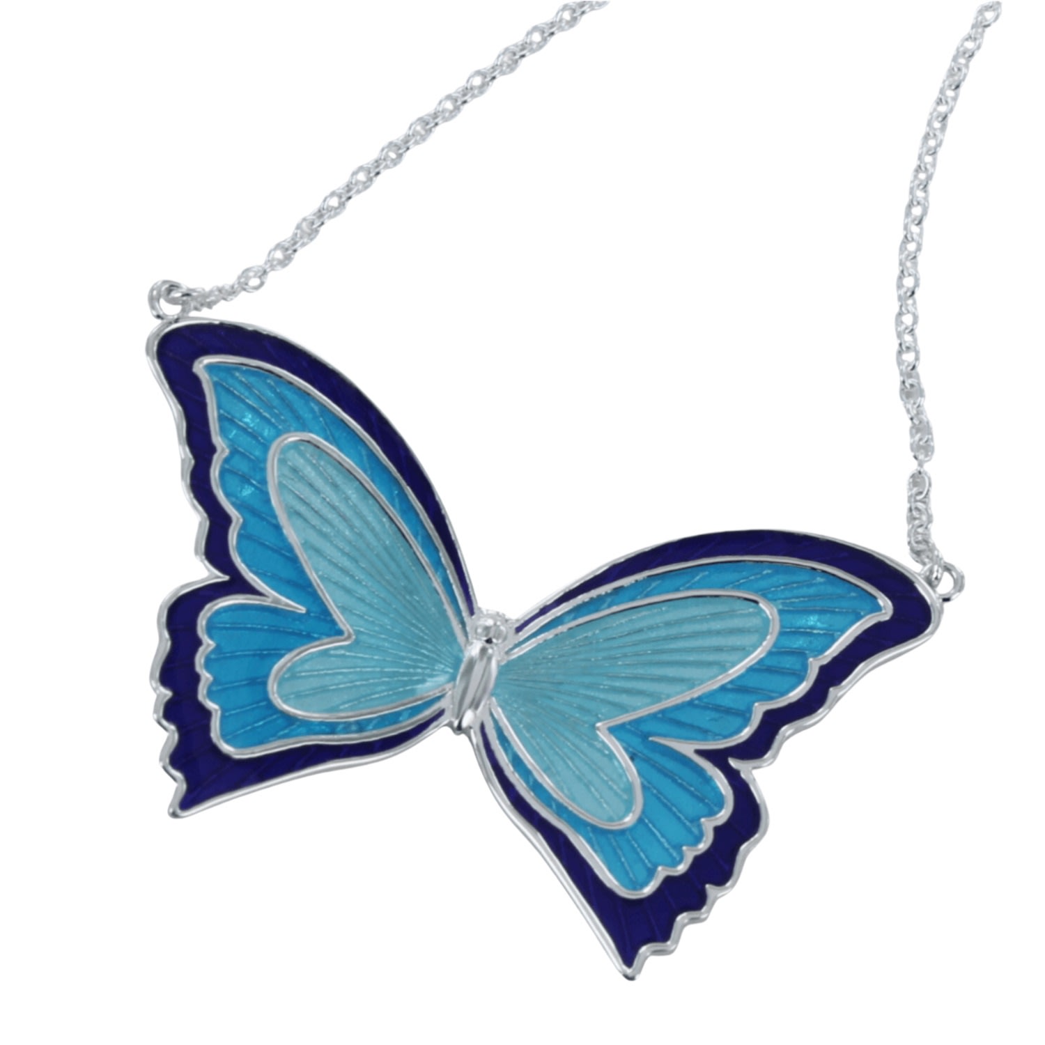 Women’s Silver / Blue Large Enamel Butterfly Necklace Reeves & Reeves