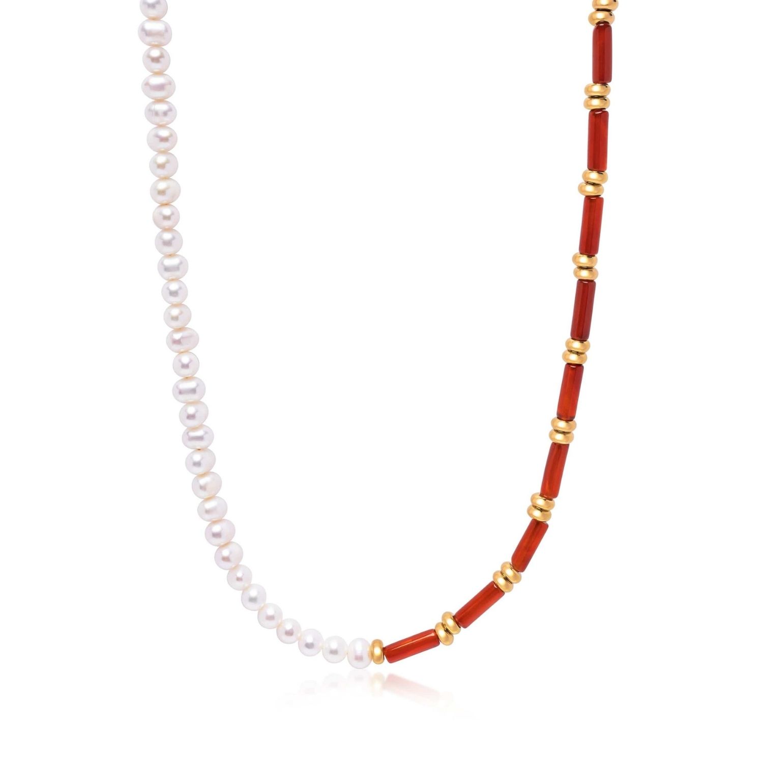 Nialaya Women's White / Red Pearl Choker With Red Agate
