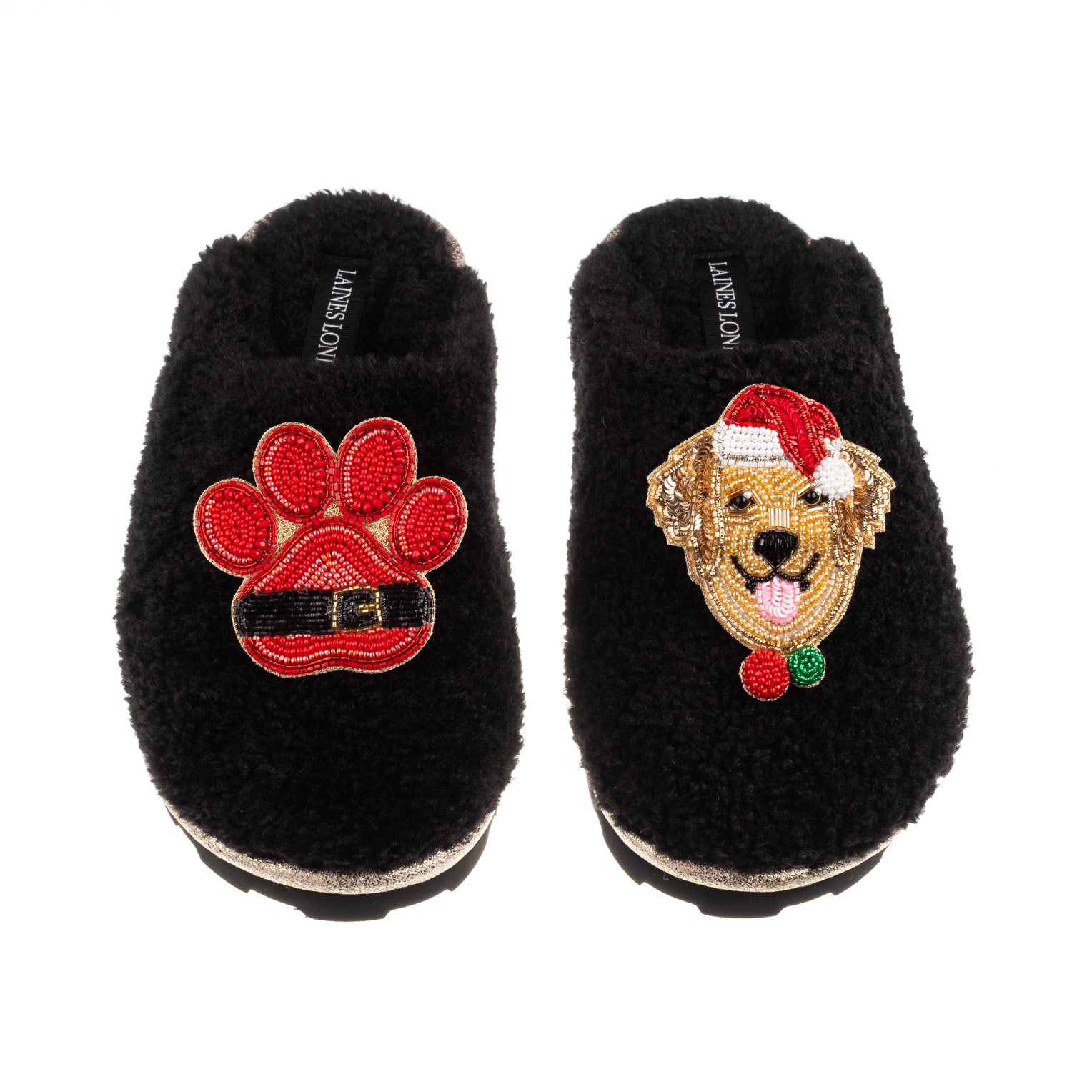 Laines London Women's Teddy Closed Toe Slippers With Christmas Golden Retriever & Paw Brooches - Black In Black