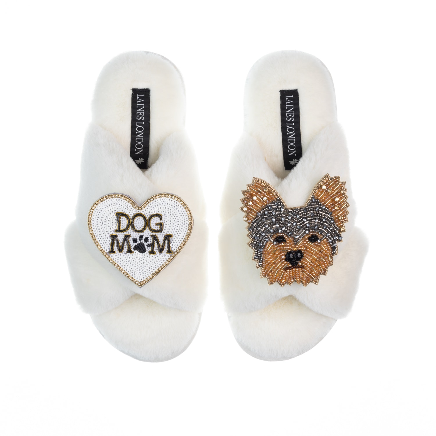 Women’s White Classic Laines Slippers With Minnie Yorkie & Dog Mum / Mom Brooches - Cream Large Laines London