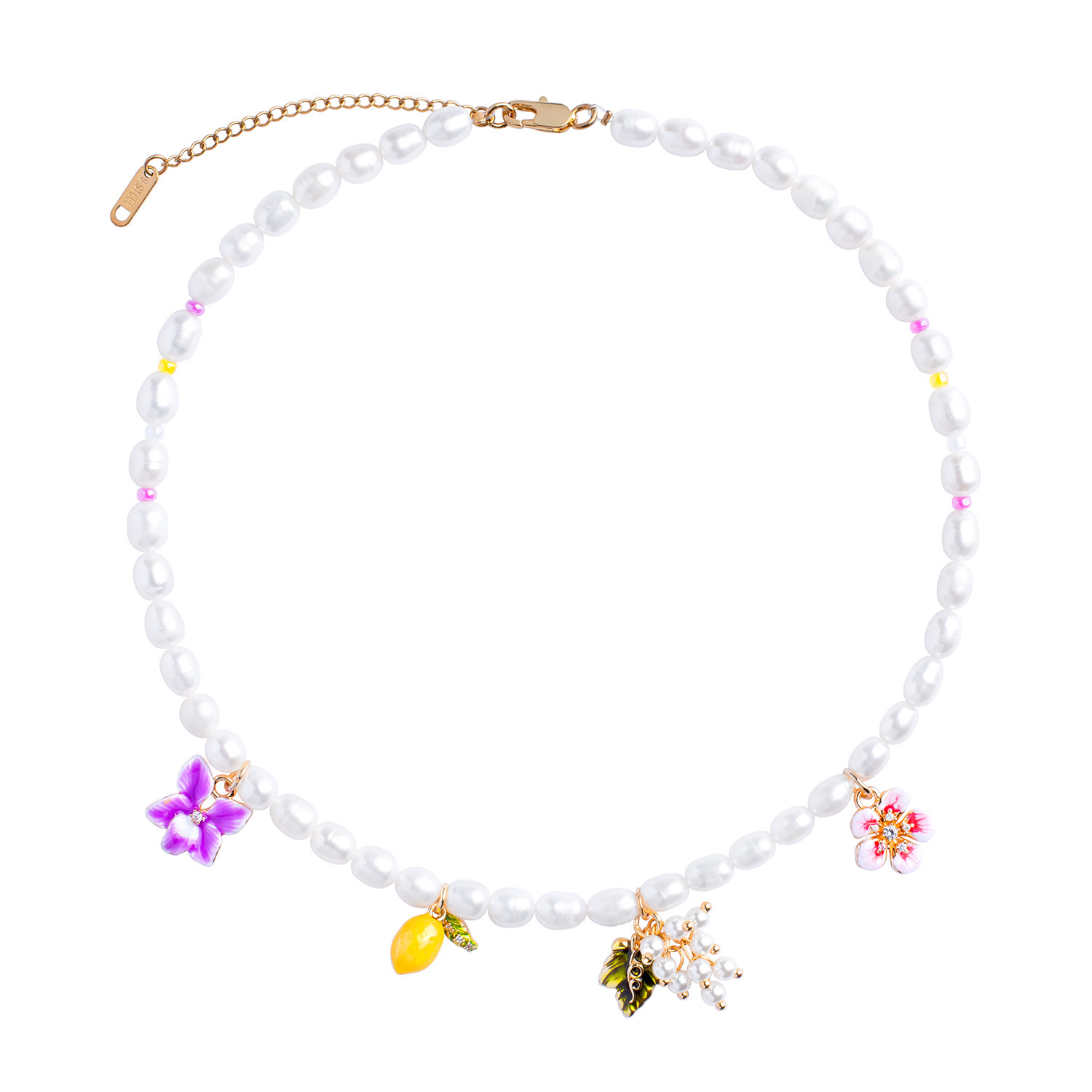 My Little Nature Women's White / Gold Flower Charms Beaded Necklace With Freshwater Natural Pearls - Lemon Necklace In Multi