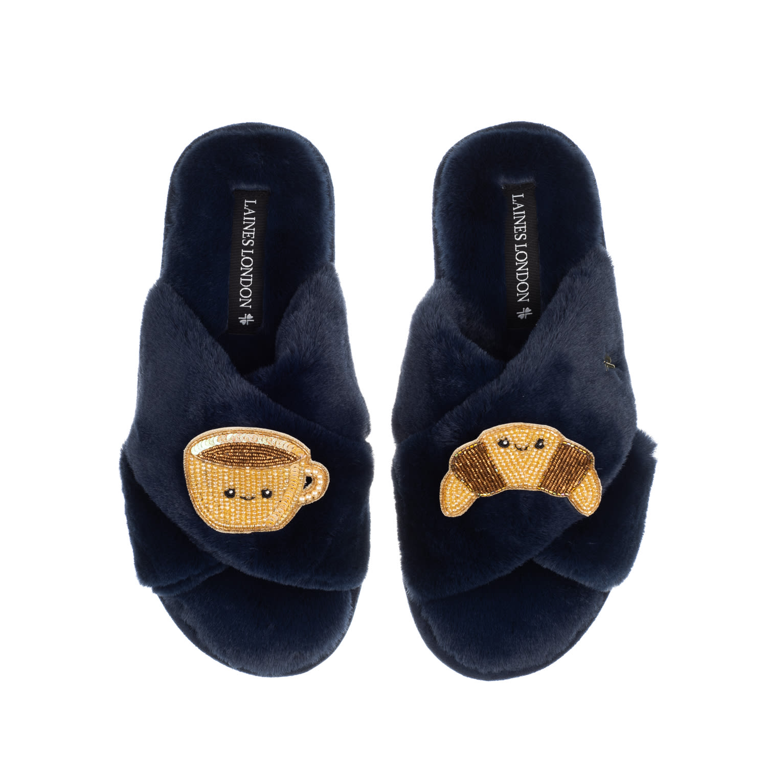 Laines London Women's Blue Classic Slippers With Laines Loveables Coffee & Croissant Brooches - Navy In Blue