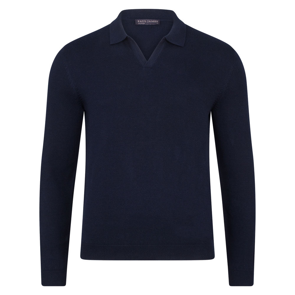 Paul James Knitwear Blue Mens Cotton Lightweight Lyndon Buttonless Polo Shirt - Navy In Blue
