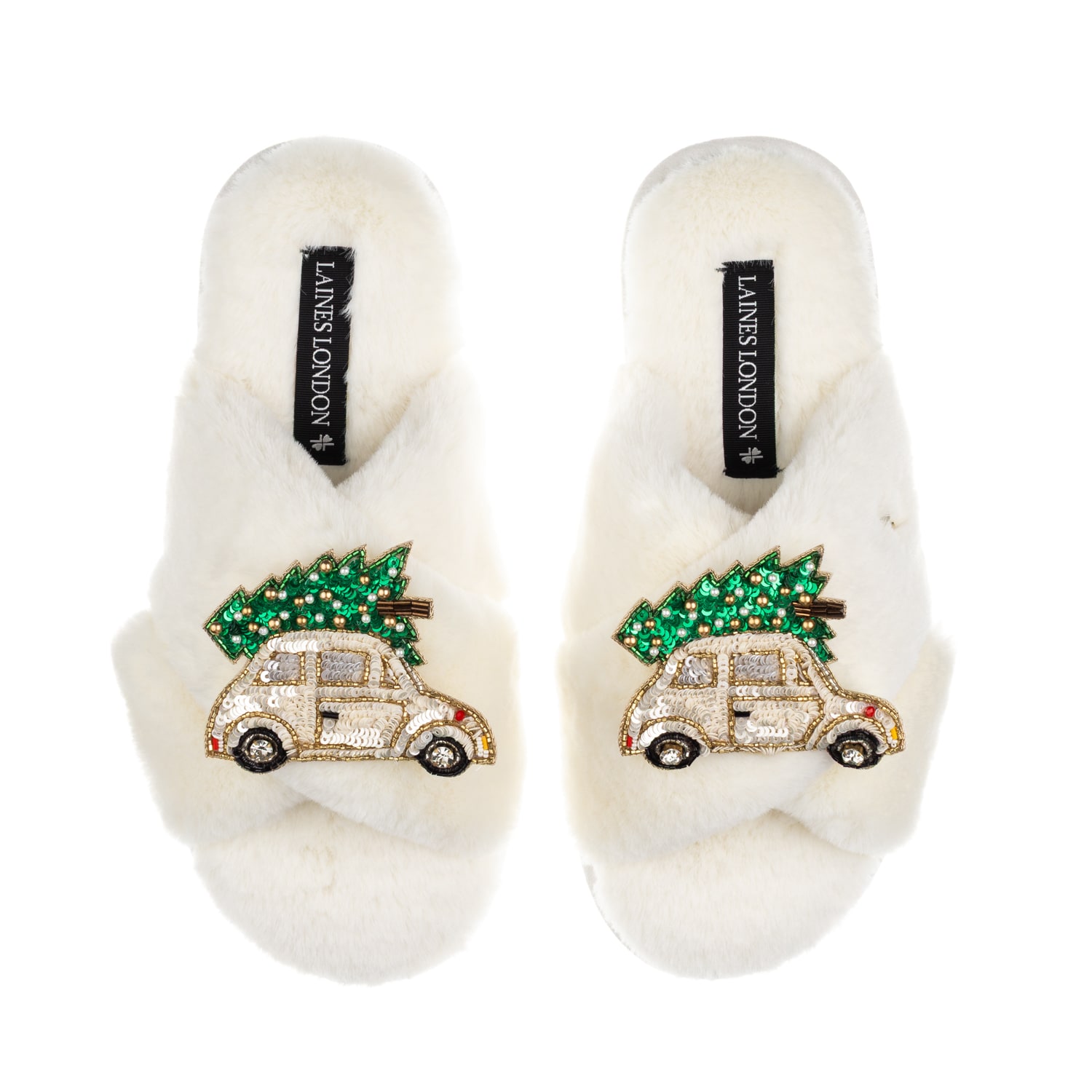 Laines London Women's Neutrals / White Classic Laines Christmas Collection Slippers With Double Cream & Gold Chris In White