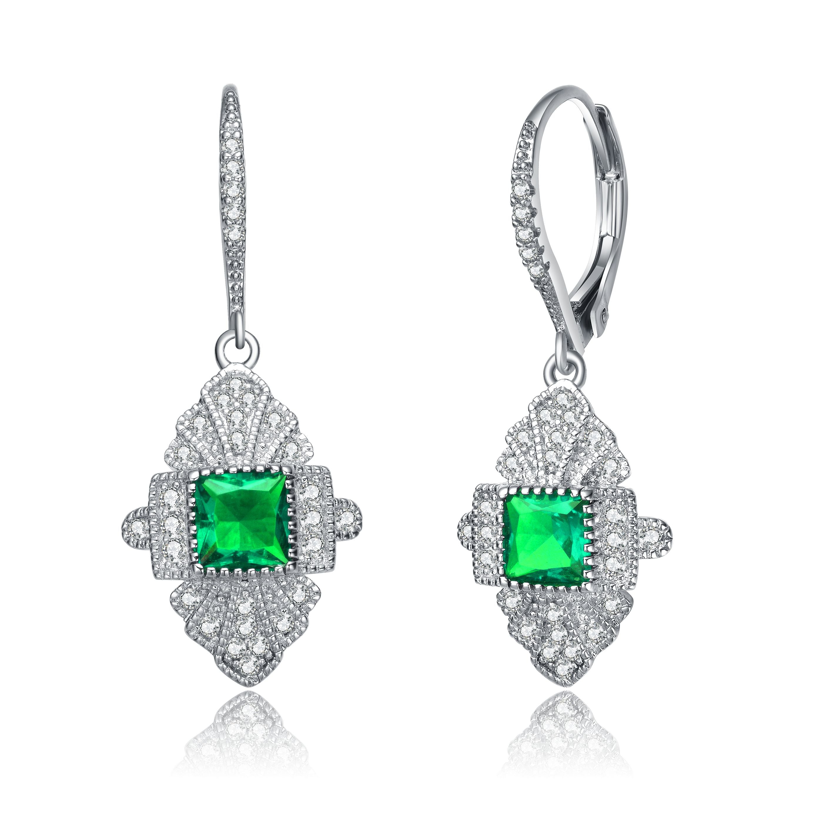 Women’s Silver / Green / White Sterling Silver Emerald Cubic Zirconia Pave Drop Earrings Genevive Jewelry