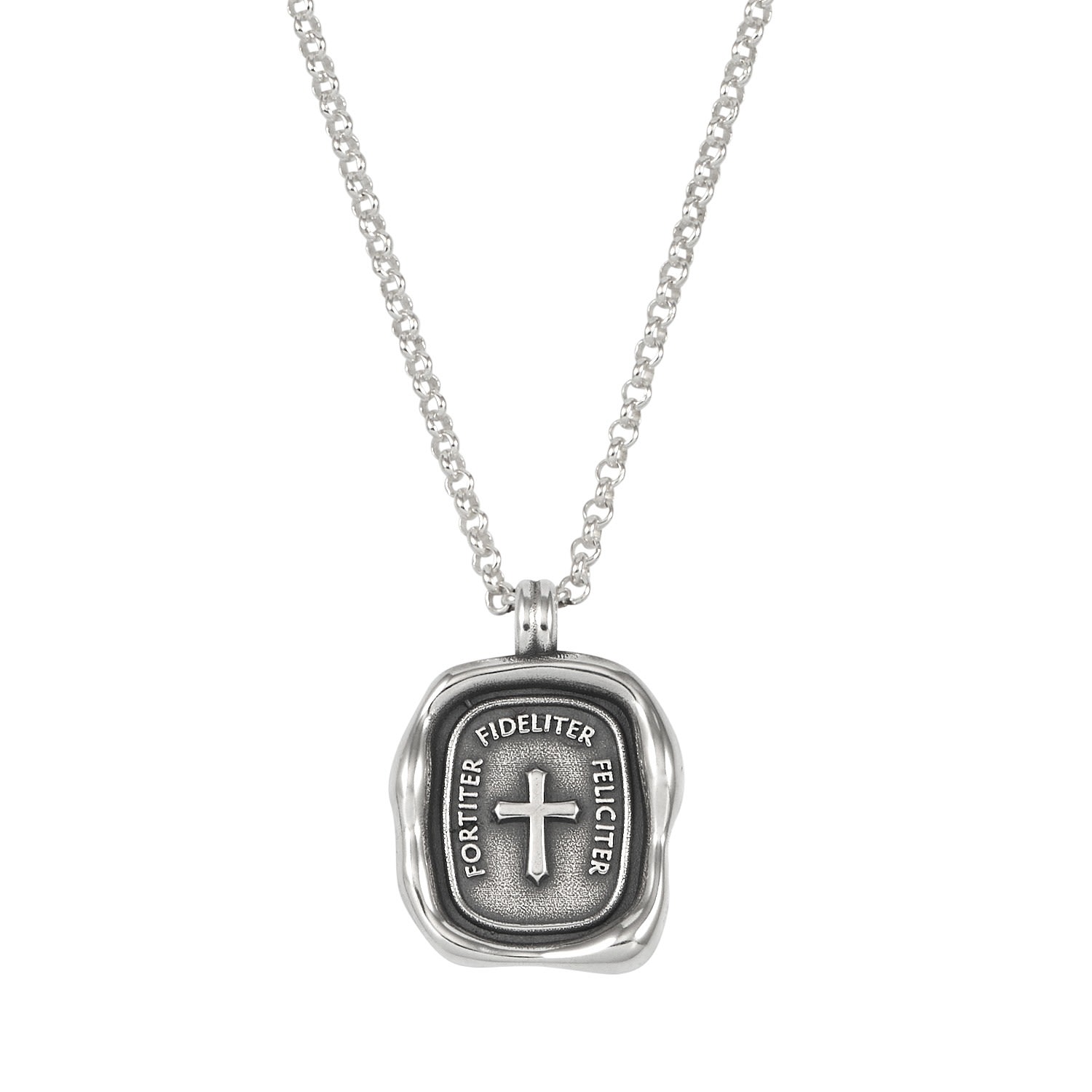 Silver Mens Fortiter, Fideliter, Feliciter Talisman Necklace Dower & Hall