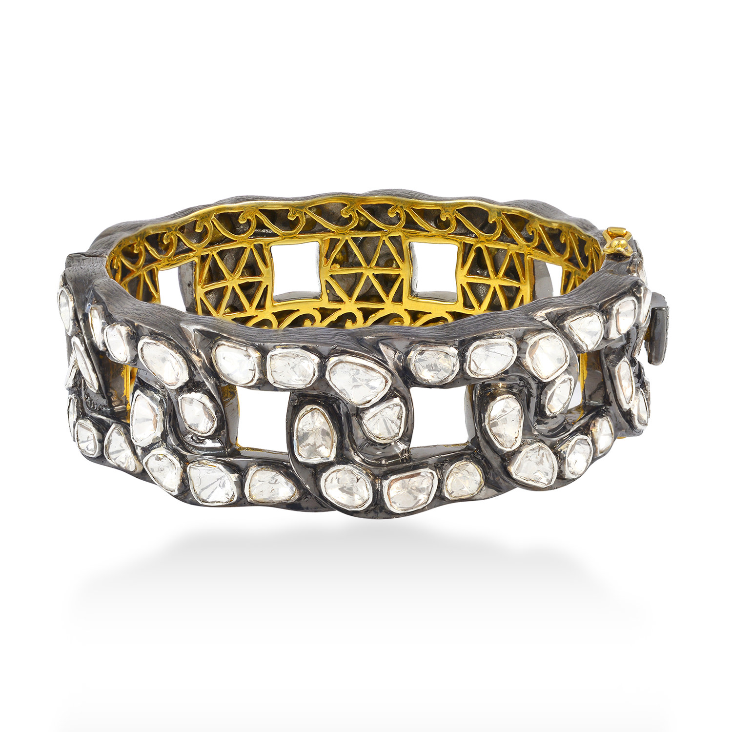 Women’s Gold / White Natural Uncut Diamond Polki In 18K Yellow Gold With 925 Silver Mughal Bangel Bracelet Artisan