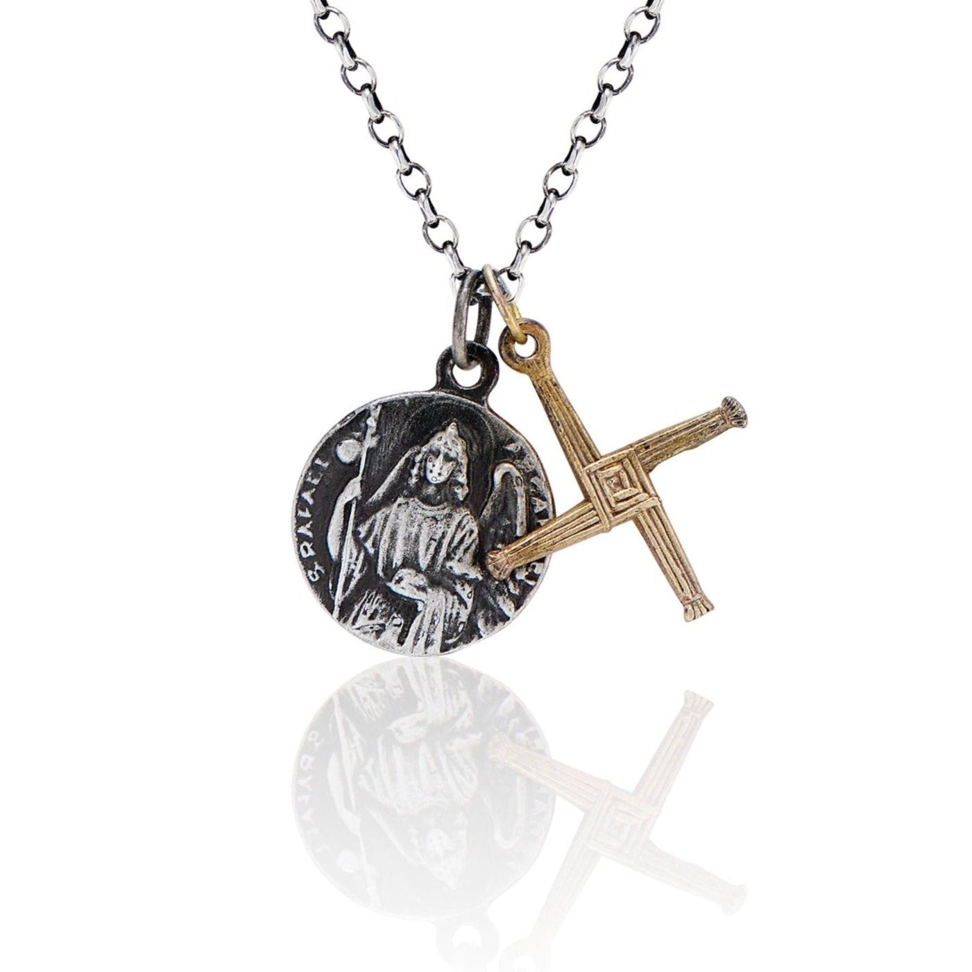 Cartography Men's Gold / Silver Healer - St. Brigid And Cross Necklace In Sterling Silver And Brass