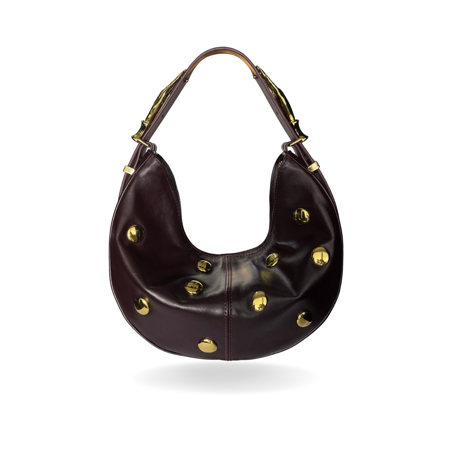 Indigolush Women's Red Hobo Adjustable Hand Shaped Leather Bag Midi Studded Black Cherry Two Hands Smooth In Red