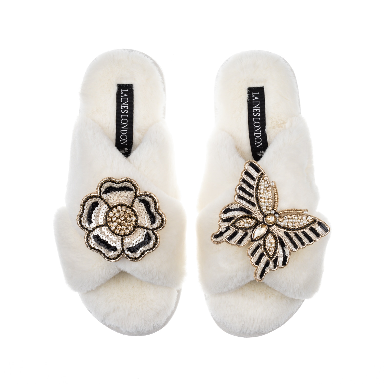 Laines London Women's White Classic Laines Slippers With Butterfly & Flower Brooches - Cream