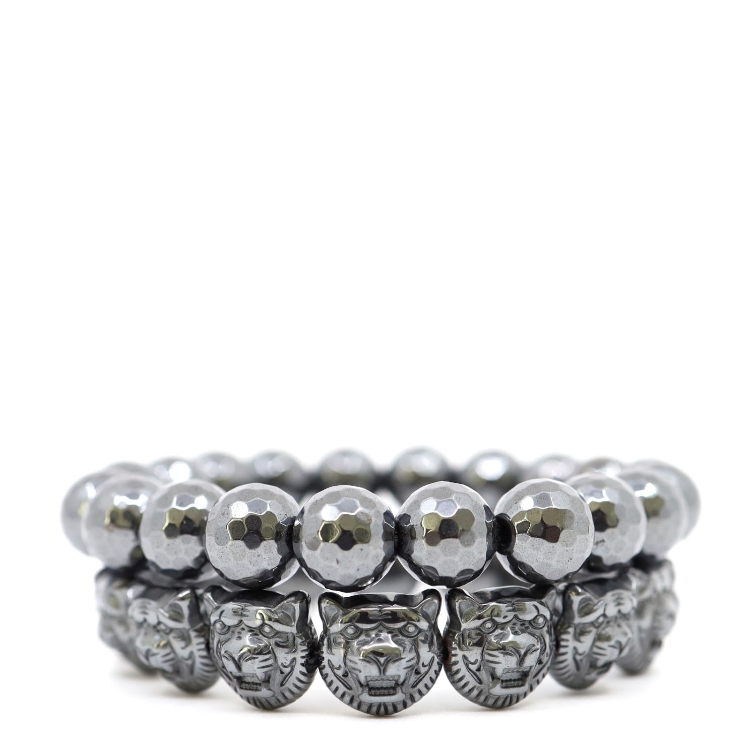 Shar Oke Men's Lion Dark Grey Hematite Beaded Bracelet Set In Gray