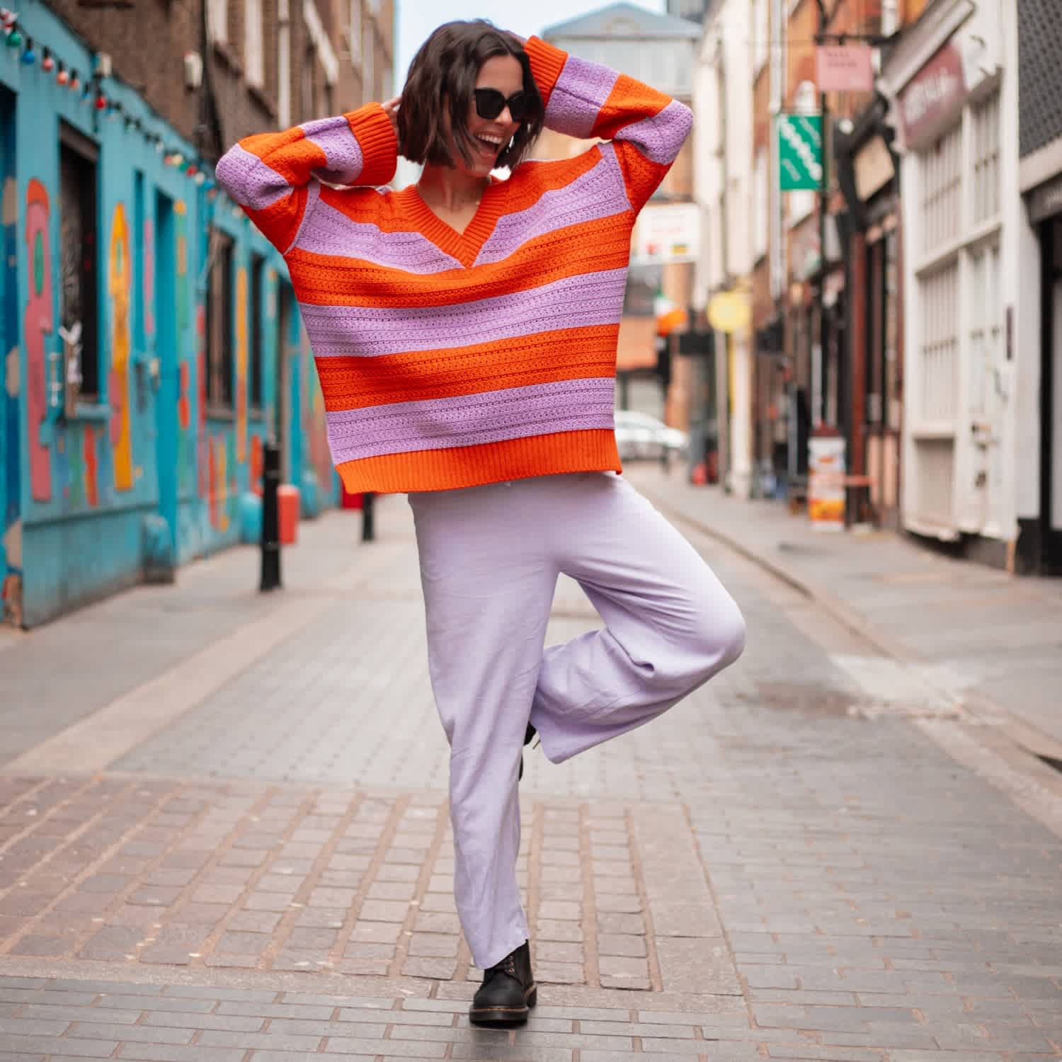 Millie Crochet Stripe V Neck Cotton Blend Jumper - Orange | Cara