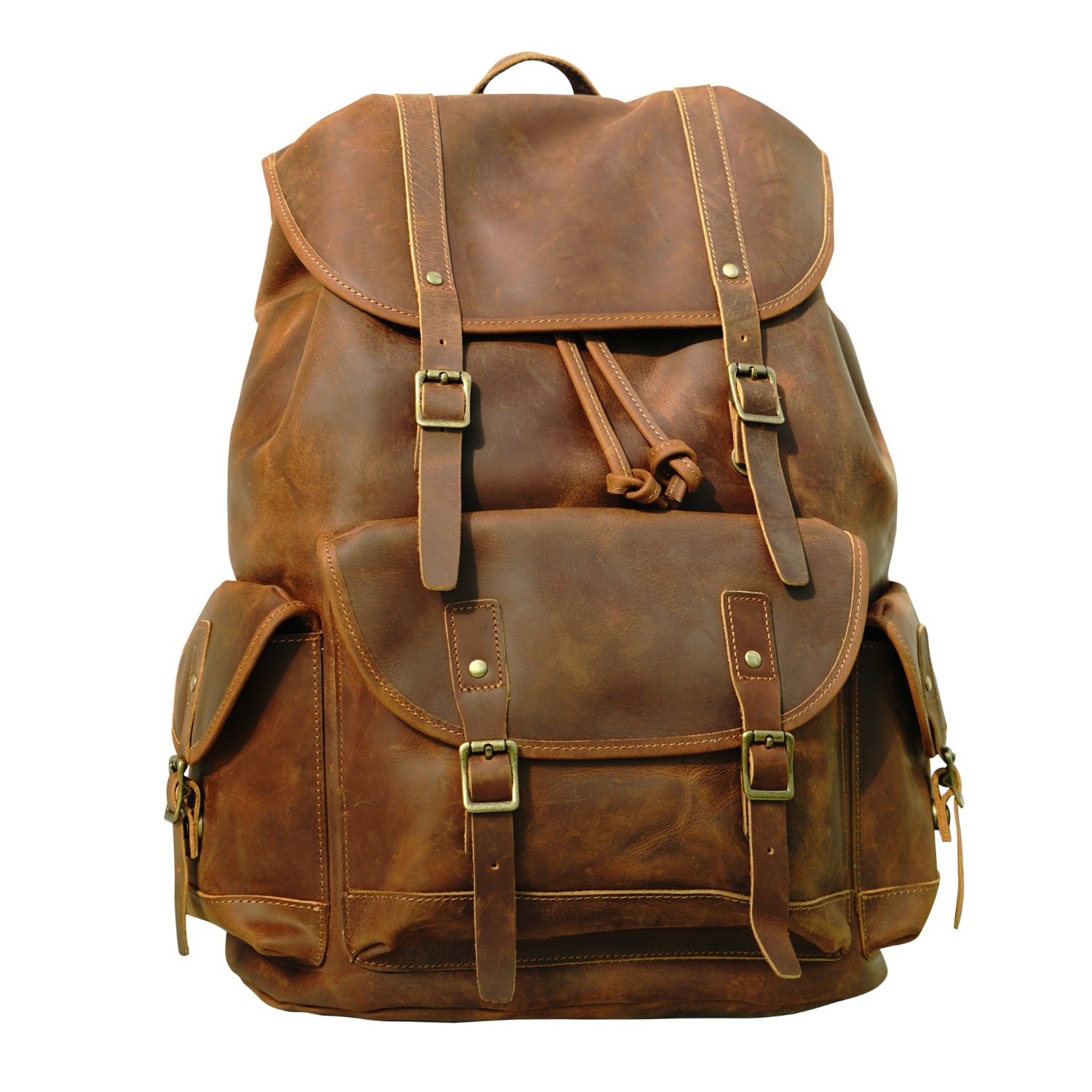 Military Style Leather Backpack - Light Brown | Touri