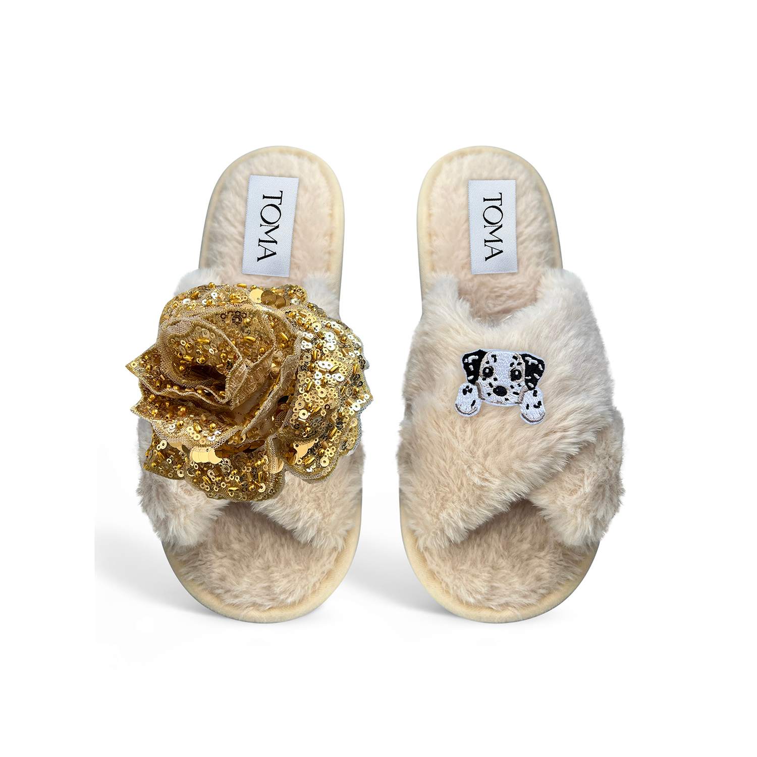 Toma Women's Neutrals Classic  Open Toe Gold Sequin Flower And Dog Nine Beige Slippers In Gold