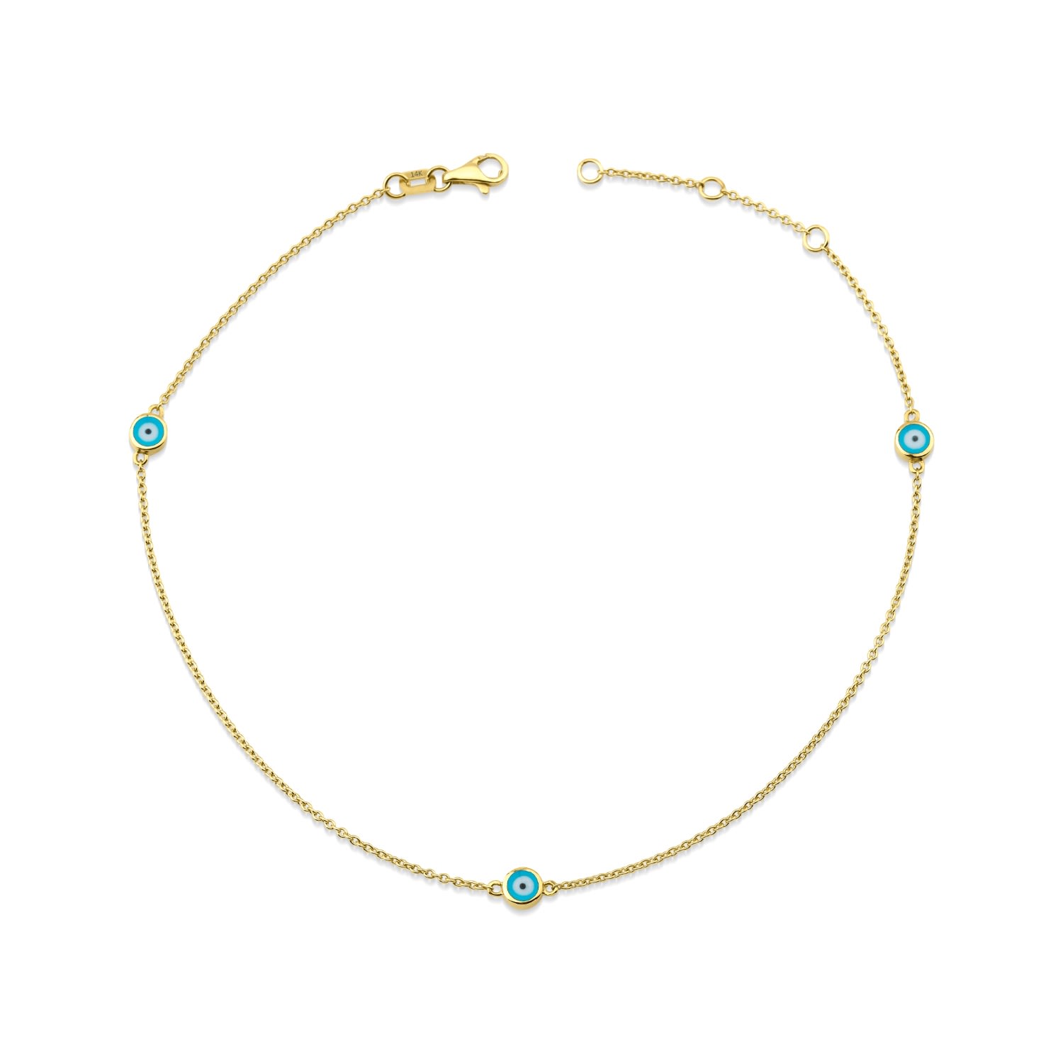 Jewelsty Fine Jewelry Women's Evil Eye Anklet, Sky Blue Three Evil Eye Ankle Bracelet, Solid Gold Anklet In Blue