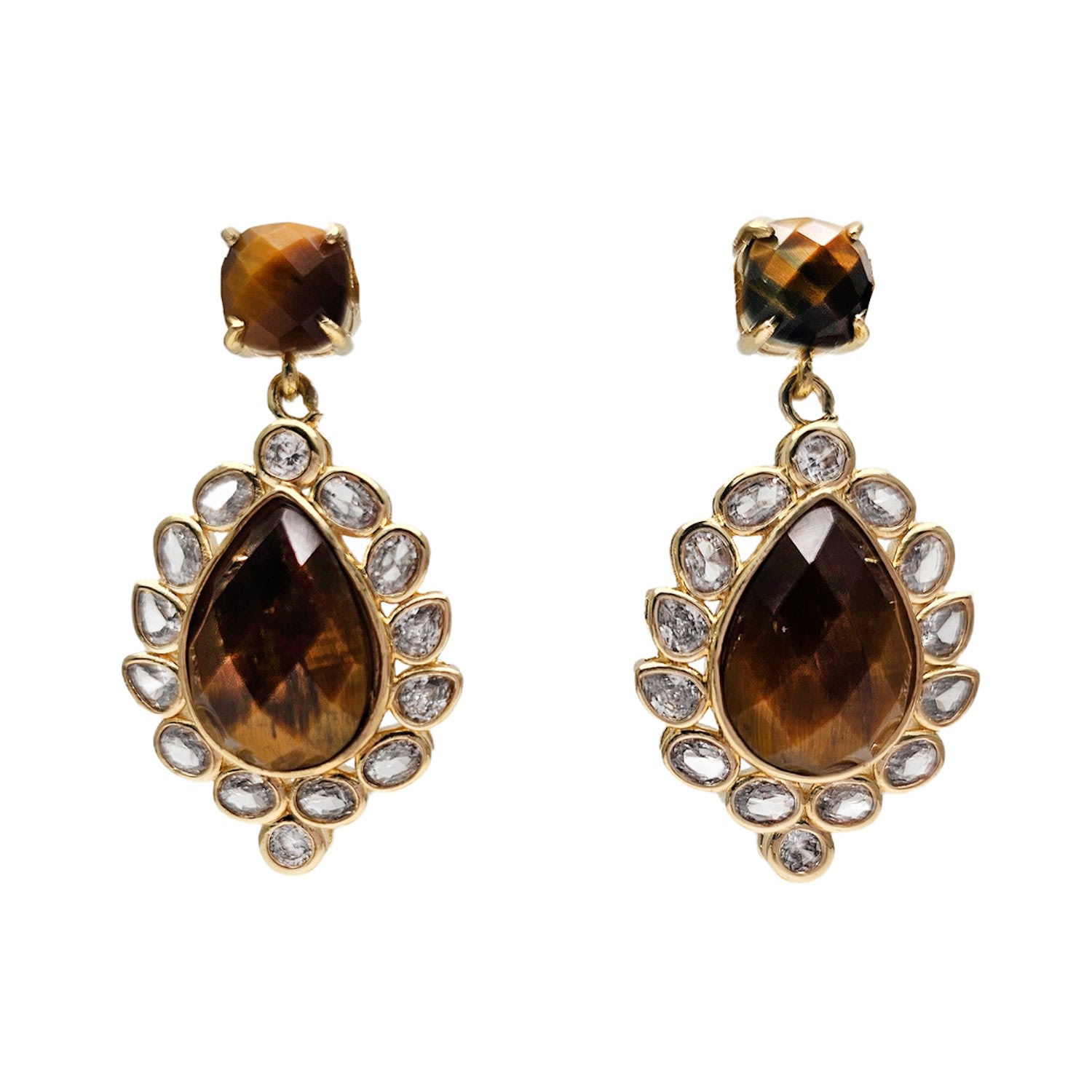 Farra Women's Brown Tiger Eye Stone With Zircon Statement Earrings