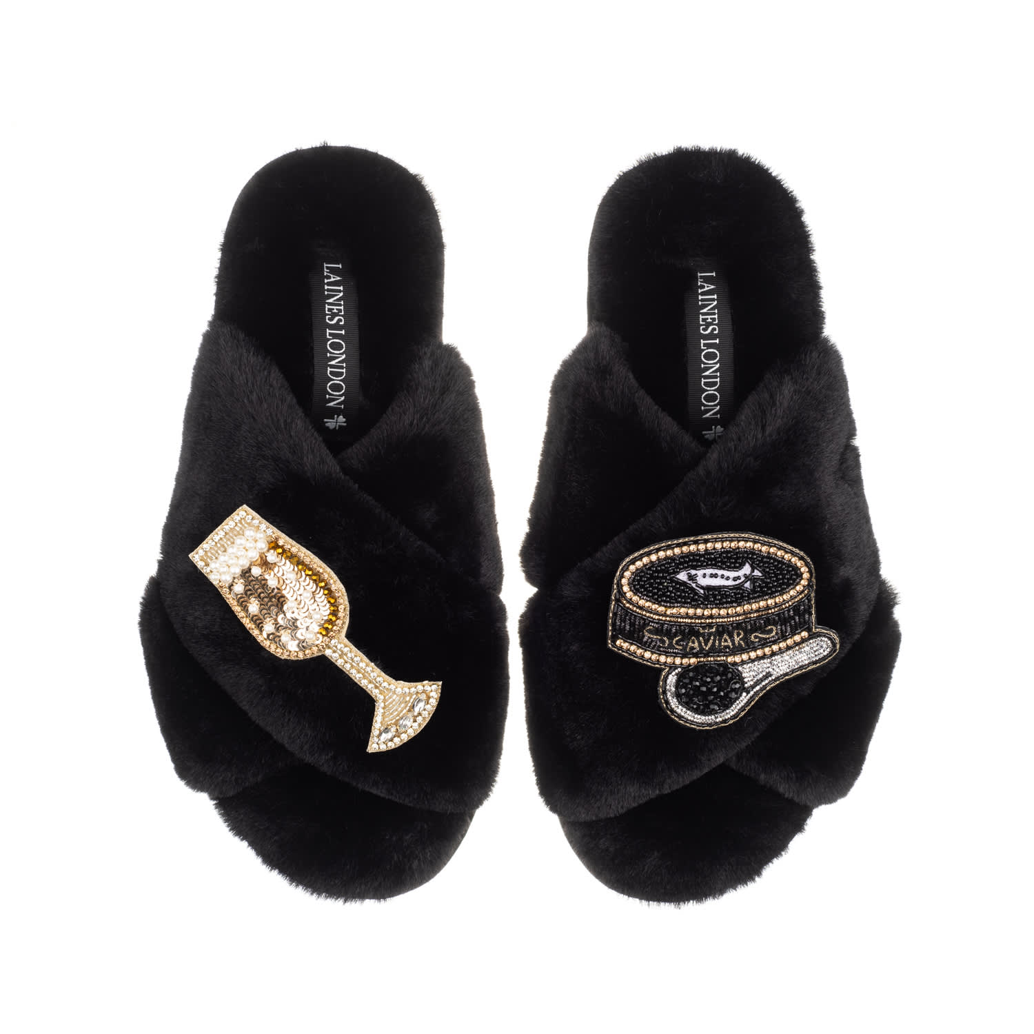 Laines London Women's Classic Laines Slippers With Caviar & Glass Of Champers Brooches - Black In Black