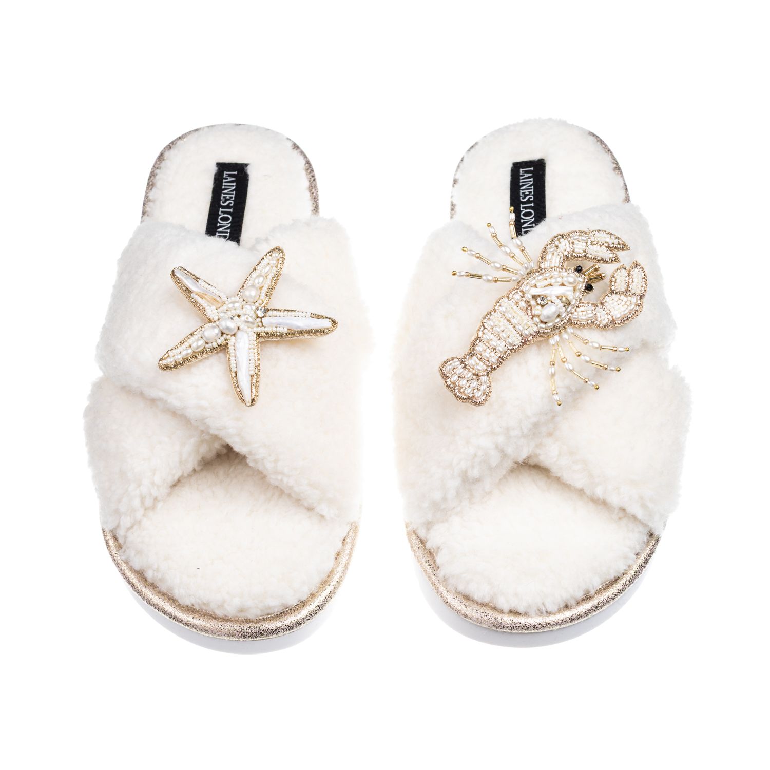 Laines London Women's Neutrals / White Laines Neutral Boucle Slippers With Pearl Starfish & Lobster Brooches - Cre