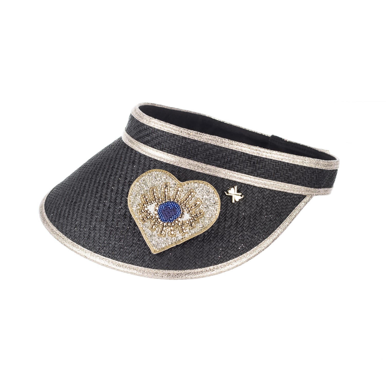 Women’s Straw Woven Visor With Embellished Couture Gold & Blue Heart Eye Brooch - Black One Size Laines London