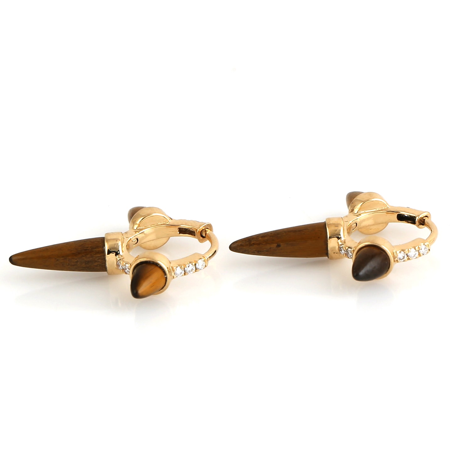 Women’s Brown / Gold / White 18K Yellow Gold In Tiger’s Eye Triple Spike & Diamond Eternity Huggies Earrings Artisan