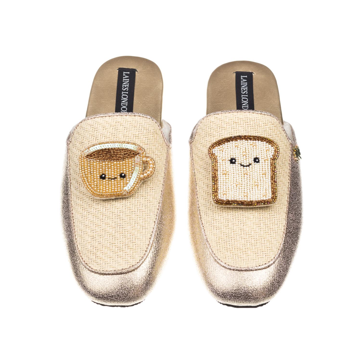 Laines London Women's Gold / Neutrals Classic Mules With Laines Loveables Tea & Toast Broooches - Cream & Gold In Gold