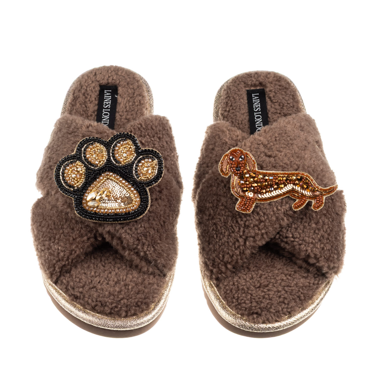 Laines London Women's Brown / Neutrals Boucle Slippers With Paw & Red Dachshund Brooches - Mink In Brown