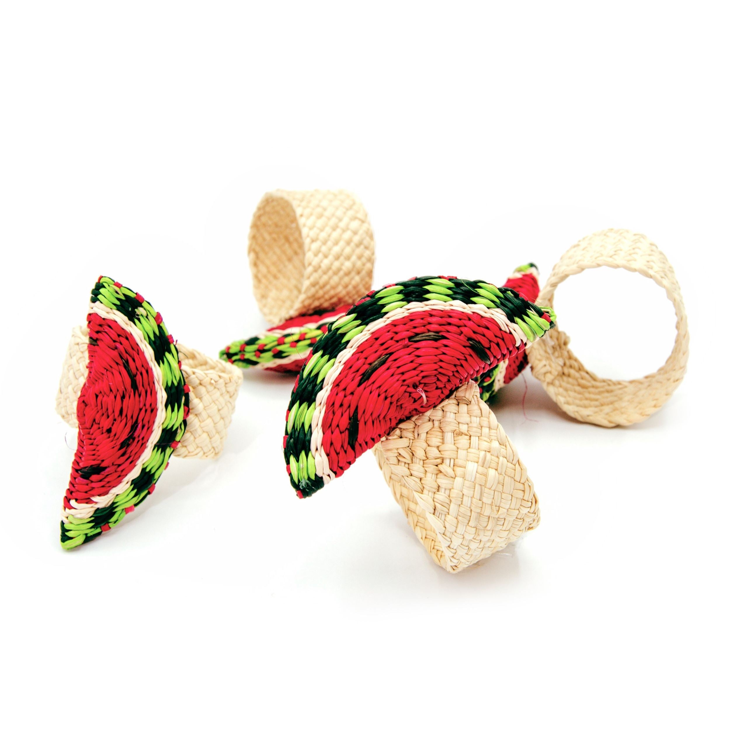 Set X 4 Woven Natural Iraca Straw Red Watermelon Napkin Rings Washein