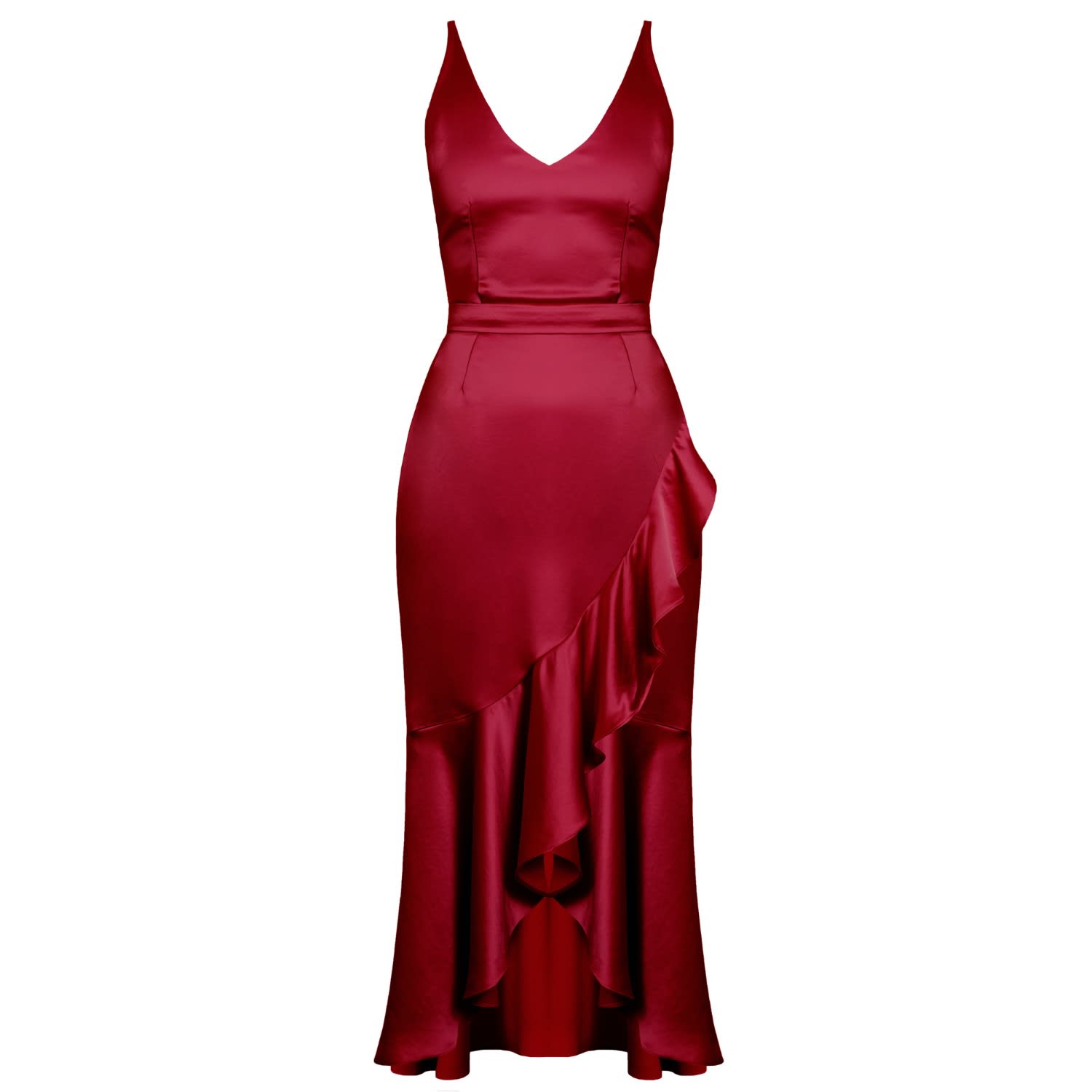 red satin midi dress