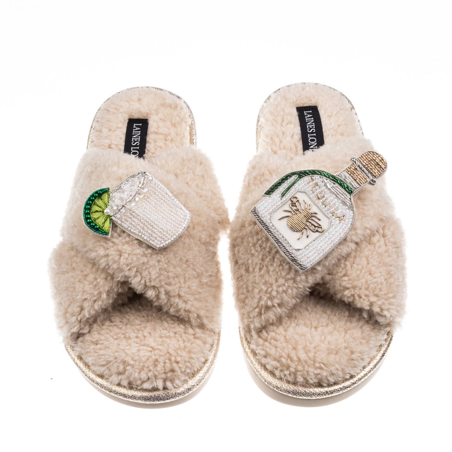 Women’s Brown / Neutrals Laines Neutral Boucle Slippers With Agave Tequila Brooches – Oatmeal | Large | Laines London