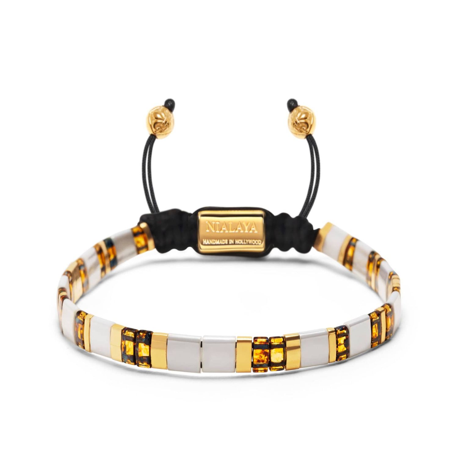 Nialaya Gold / White Men's Bracelet With White, Marbled Amber And Gold Miyuki Tila Beads In Gold/white