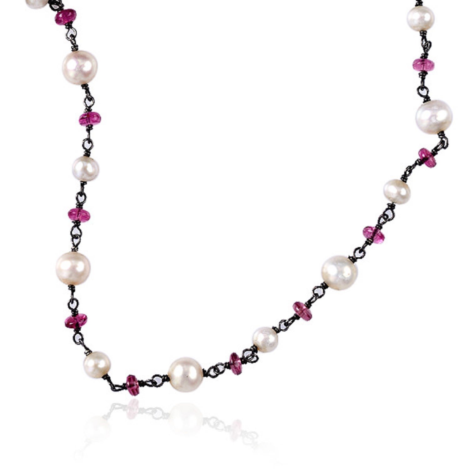 Women’s White / Red Pearl & Tourmaline Beaded Chain Necklace Sterling Silver Jewelry Artisan