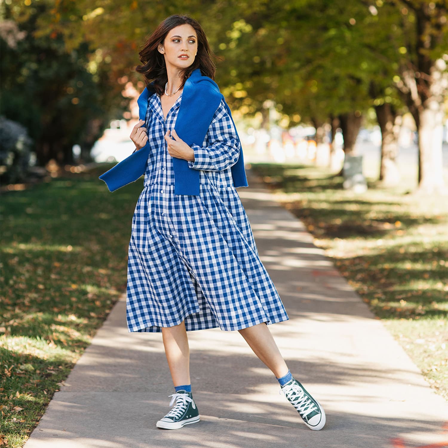 Women s Blue White Cotton Linen Gingham Shirt Dress Cobalt Blue S M Zenzee