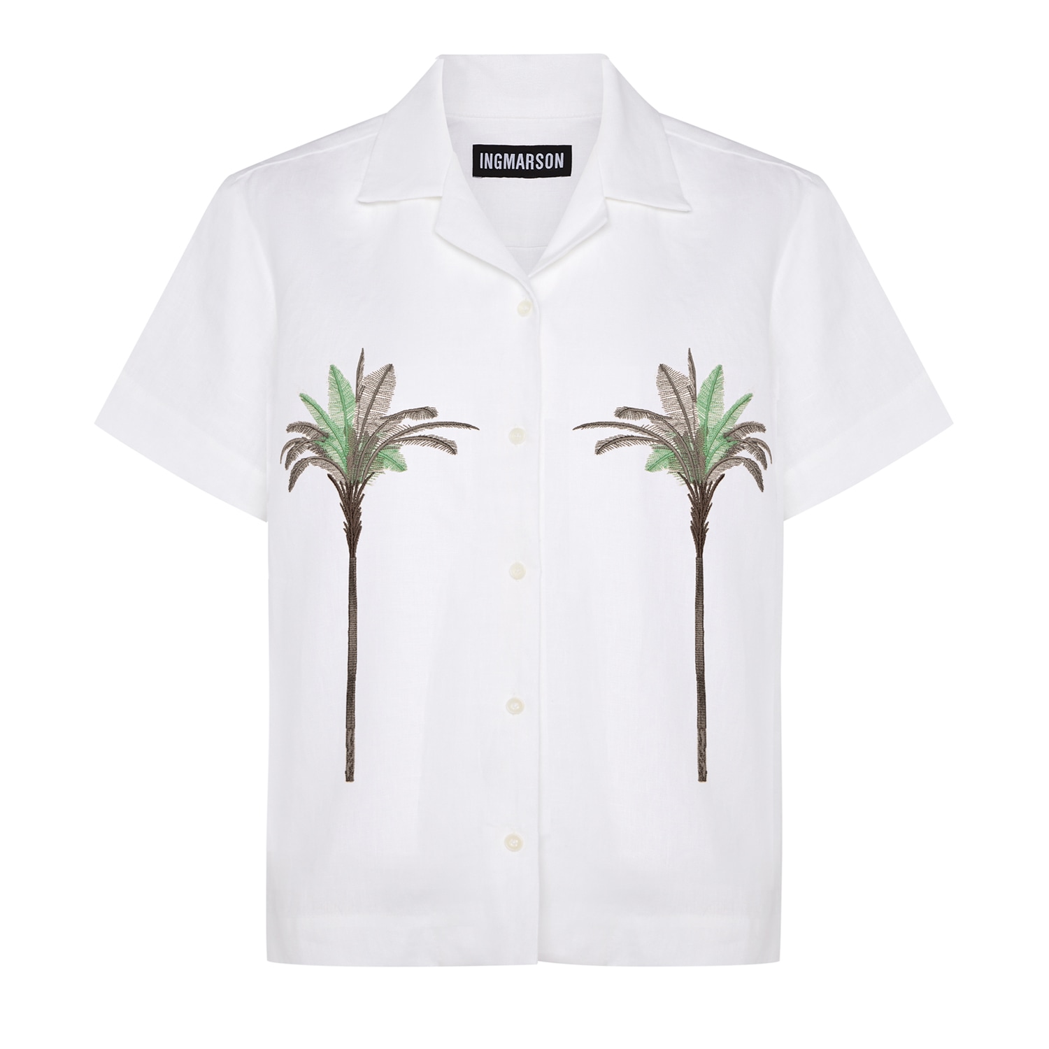 Ingmarson Men's White Palm Embroidered Irish Linen Cuban Shirt In White