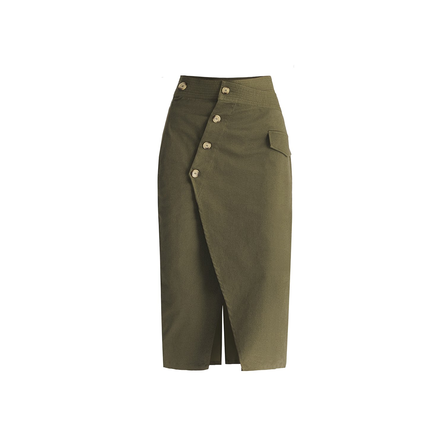 Paisie Women's Asymmetric Midi Skirt With Button Details In Khaki Green In Green