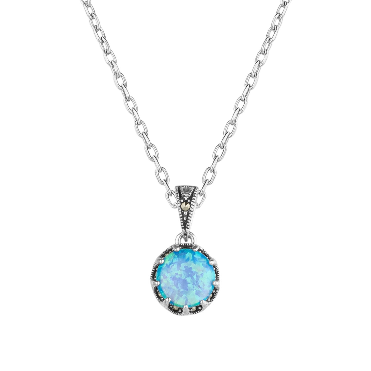Spero London Women's High Quality Round Opal Sterling Silver Pendant Necklace - Light Blue
