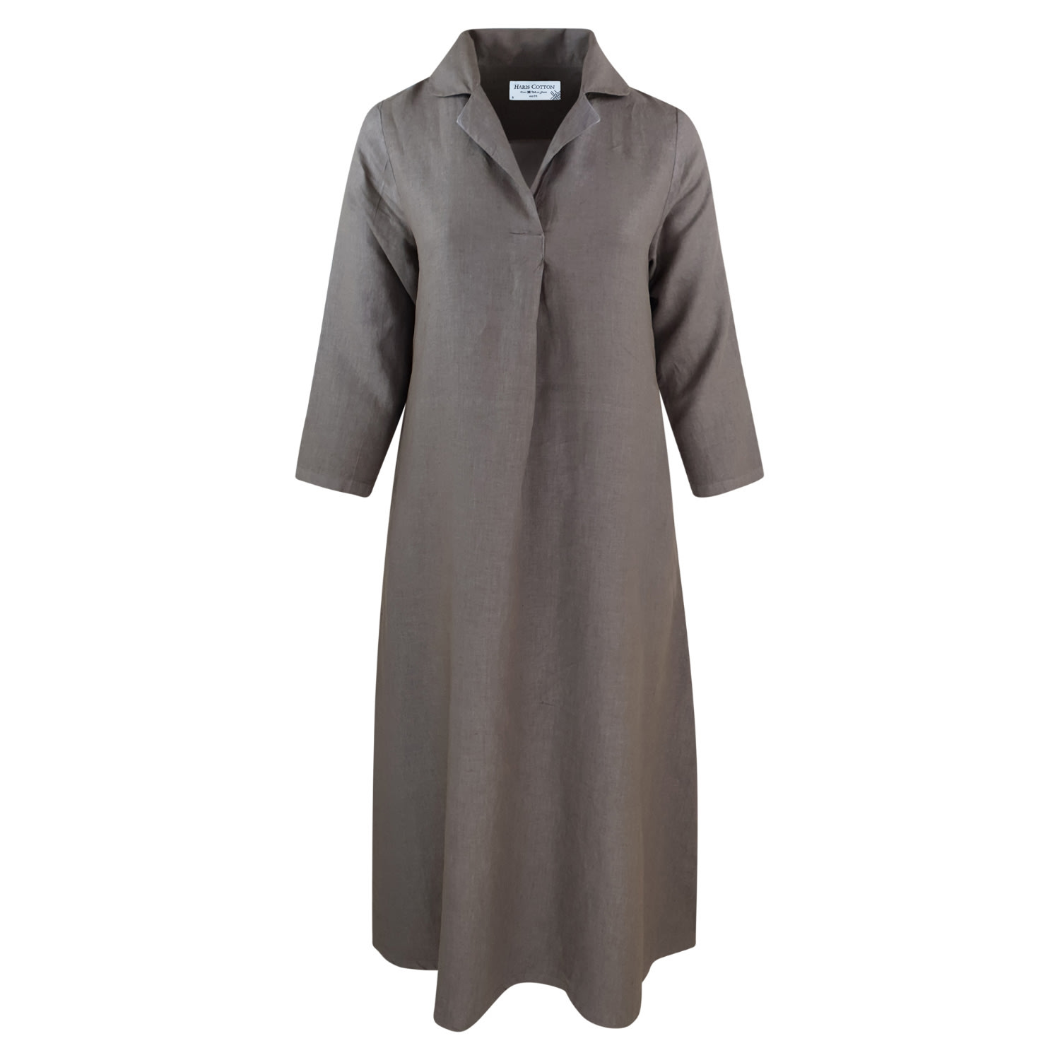 Haris Cotton Women's Brown Maxi Linen Dress With Front Pleat And Lapels - Taupe In Gray