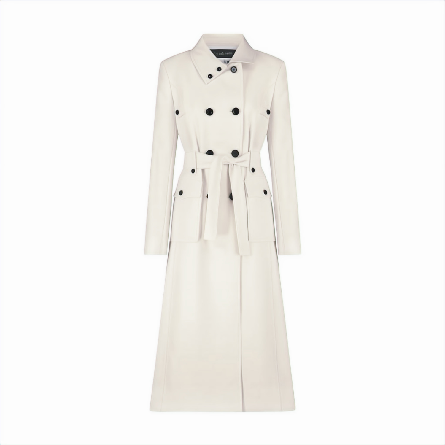 Elizabeth Diamant Women's Winter White, Double-breasted, Belted Trench Coat With High Asymmetrical Wind Breaker Collar In White