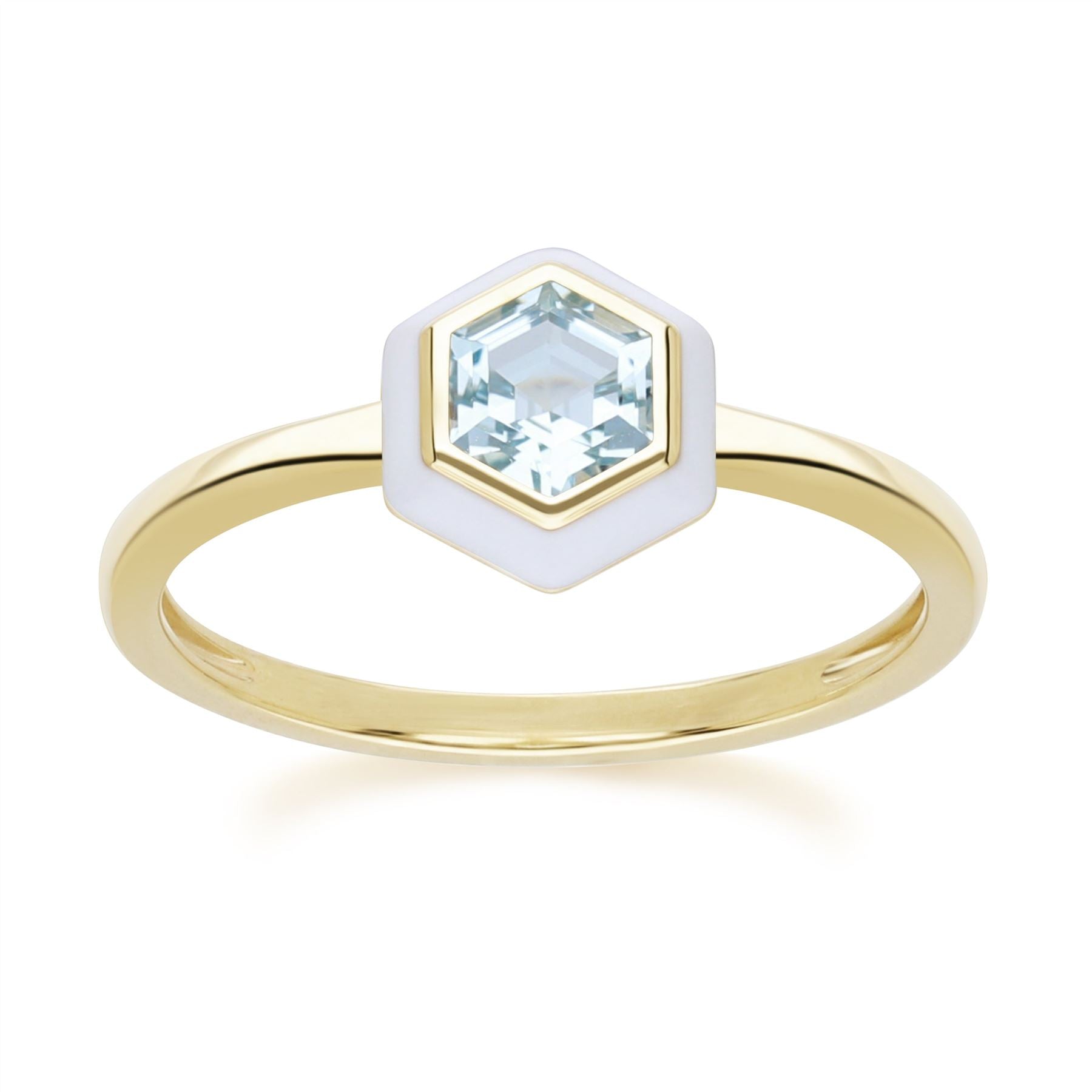 Women’s White / Blue Geometric Hex Blue Topaz & White Enamel Ring In Gold Plated Sterling Silver Gemondo