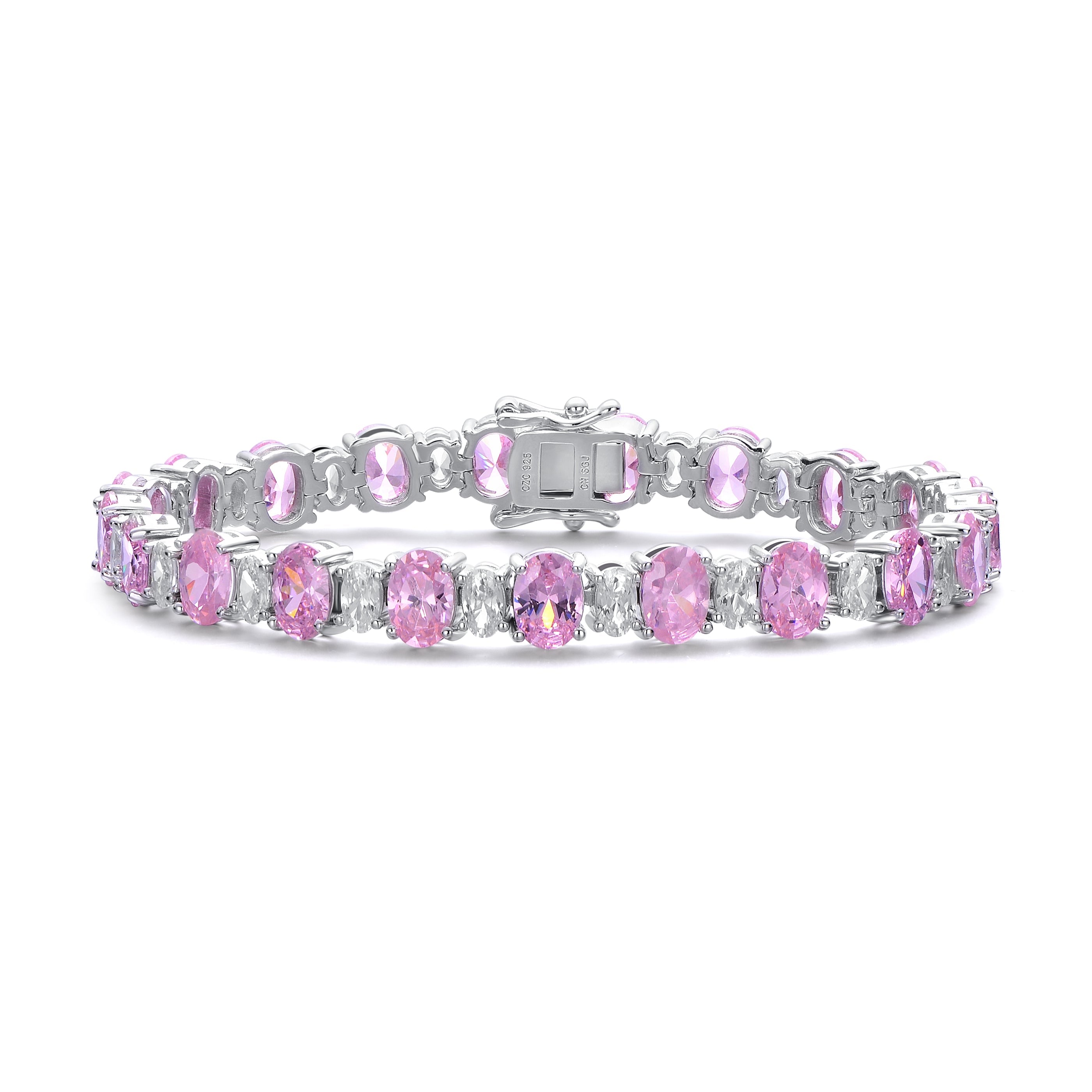 Women’s White / Silver / Pink Sterling Silver With Pink & White Cubic Zirconia Tennis Bracelet Genevive Jewelry